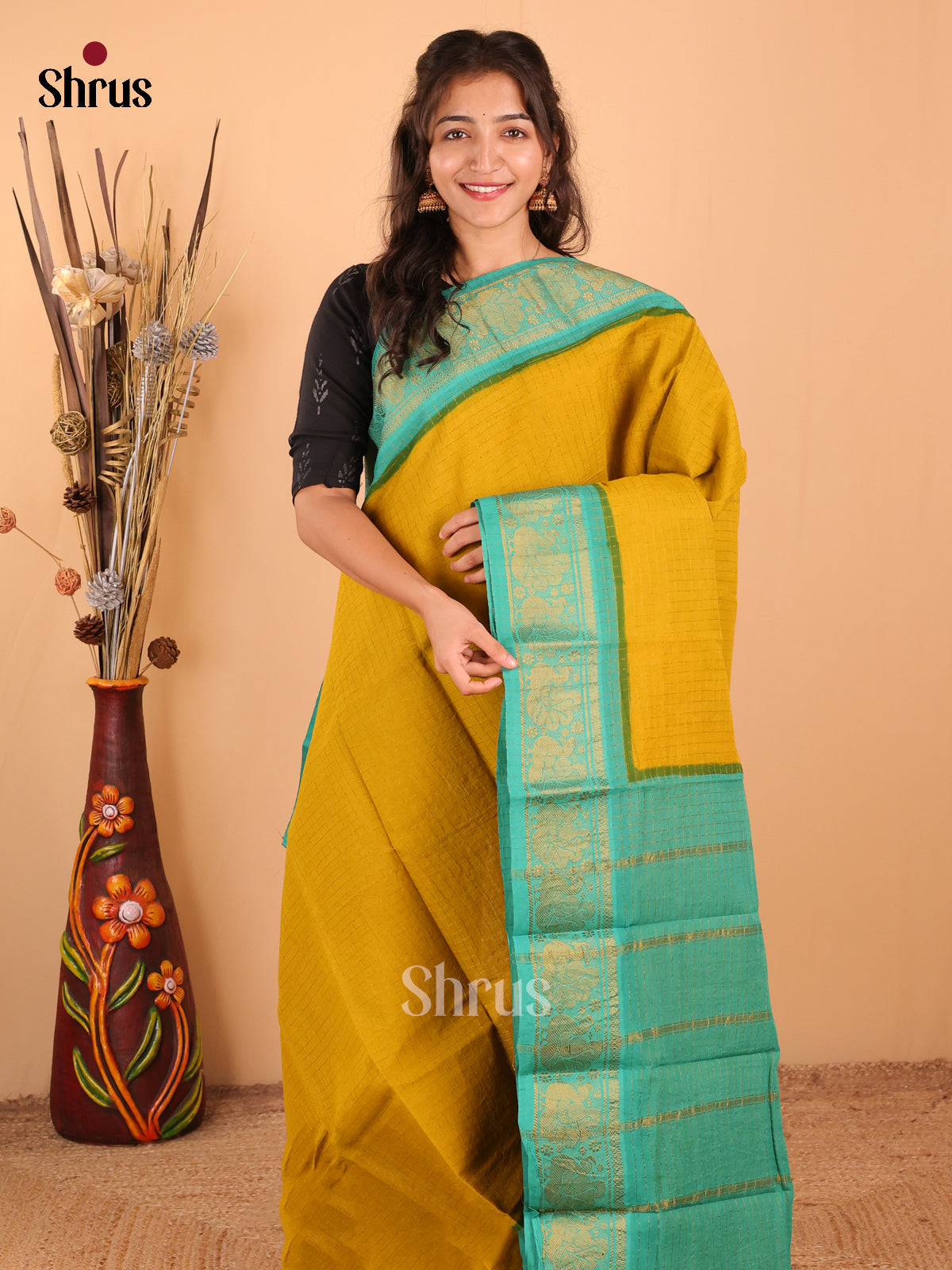 Mustardy Green with Green - DDS15010 - Sungudi Cotton Saree - Shop on Shrus.com