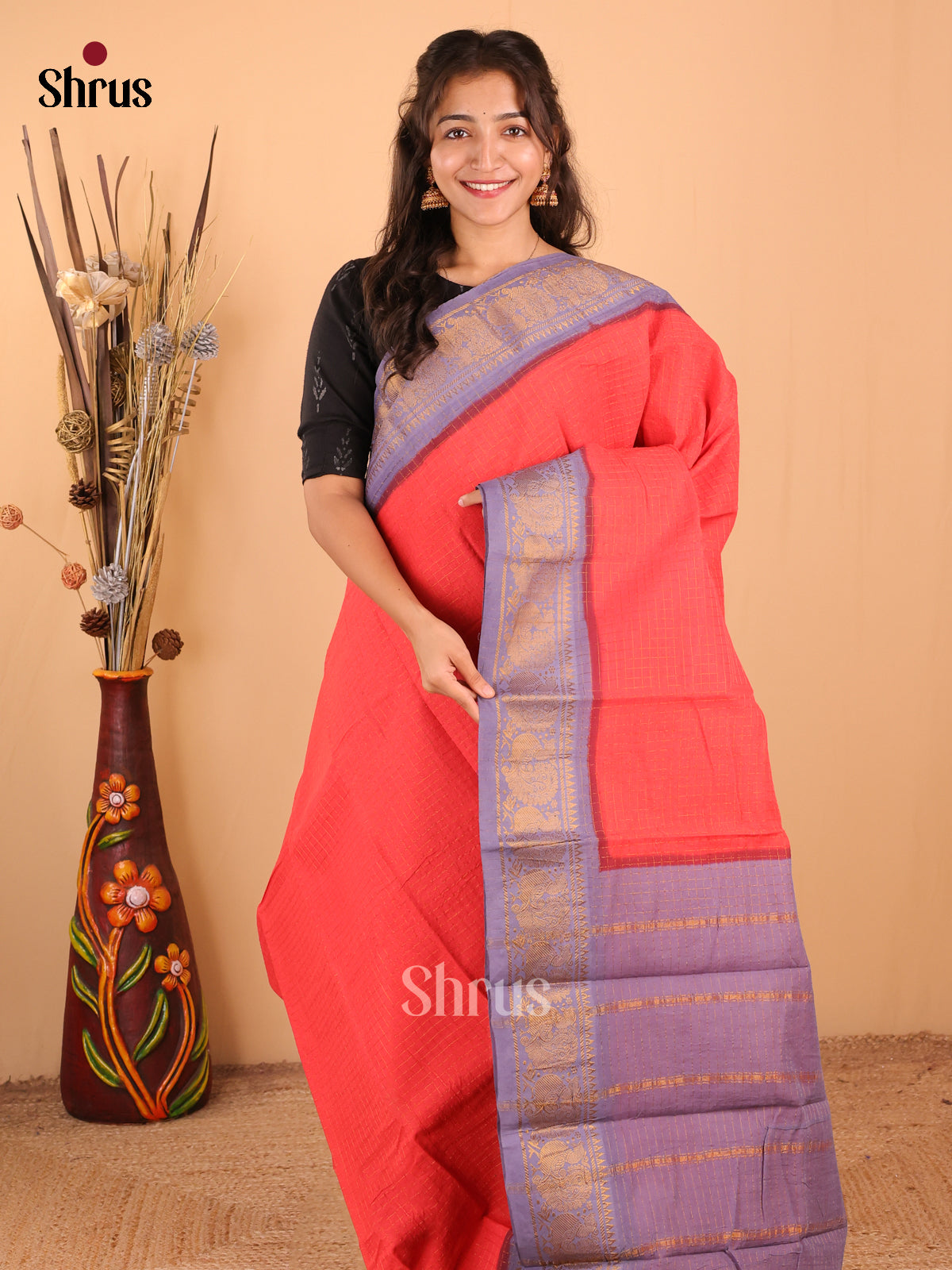 Orange with Lavender - DDS15016 - Sungudi Cotton Saree - Shop on Shrus.com