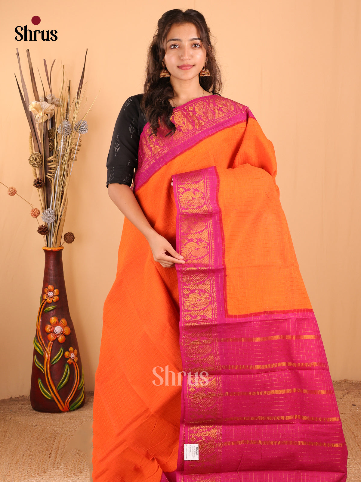 Orange with Pink - DDS15021 - Sungudi Cotton Saree - Shop on Shrus.com