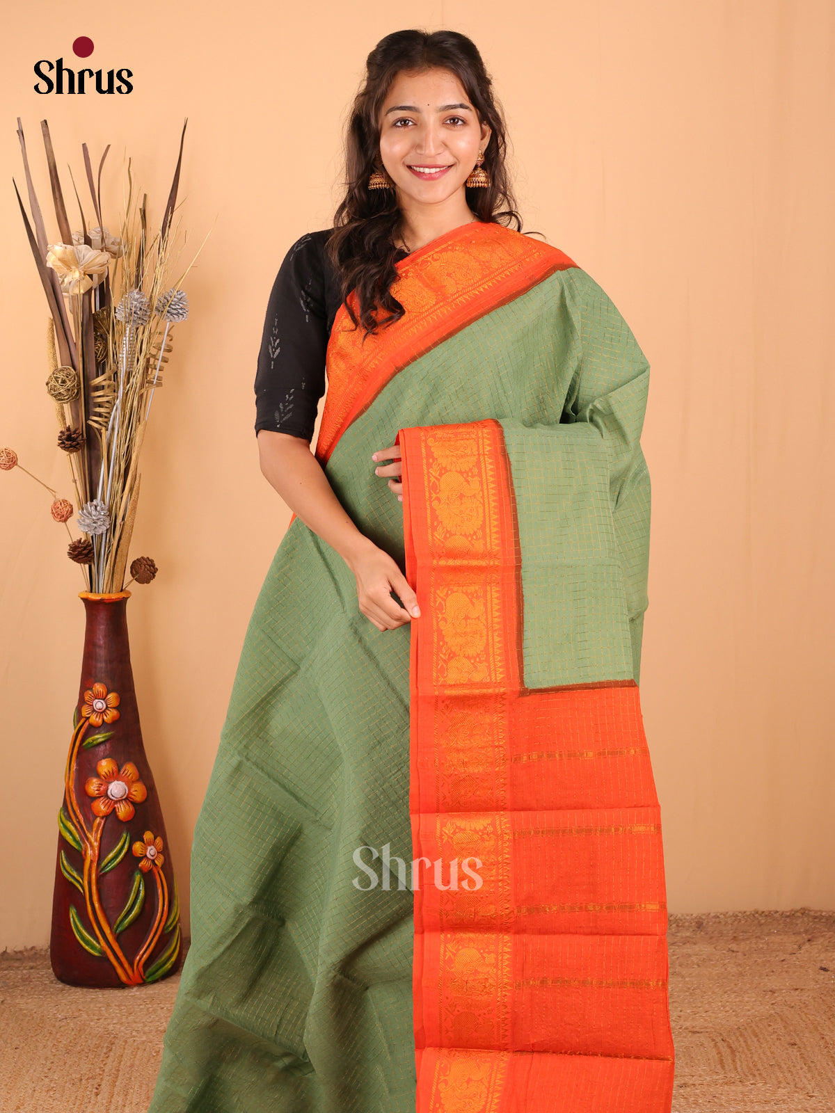 Pastel Green with Orange - DDS15023 - Sungudi Cotton Saree - Shop on Shrus.com