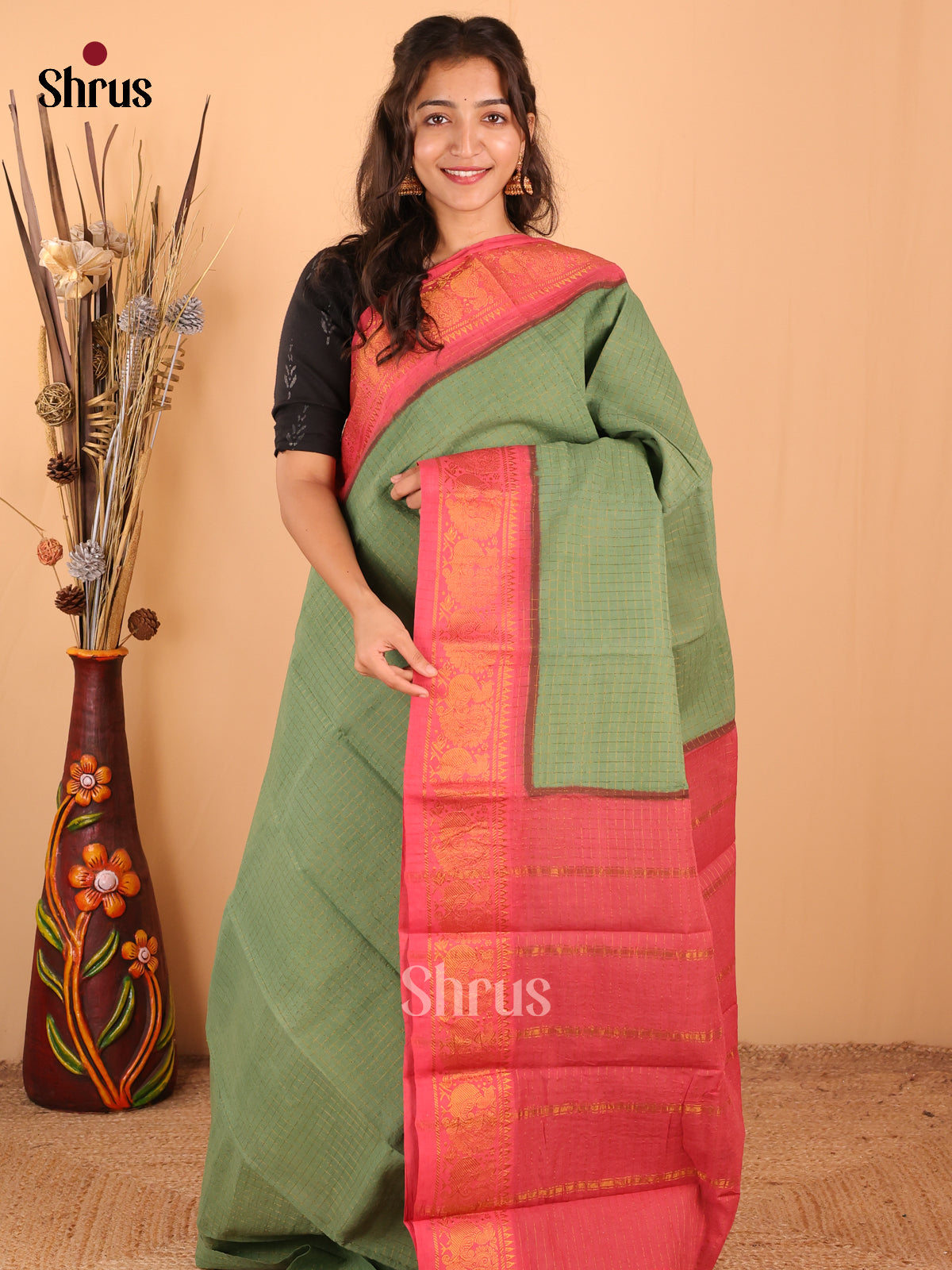 Pastel Green with Orangish Pink - DDS15024 - Sungudi Cotton Saree - Shop on Shrus.com