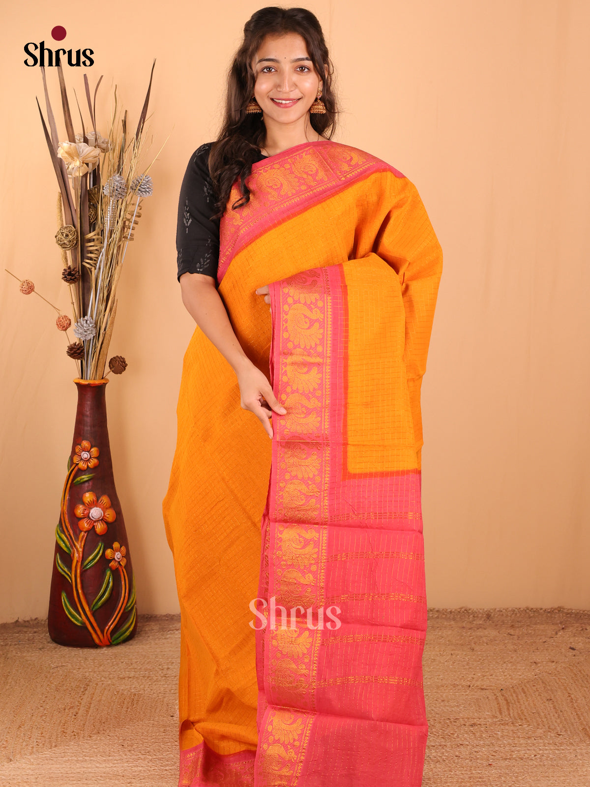 Mustard with Pink - DDS15030 - Sungudi Cotton Saree - Shop on Shrus.com