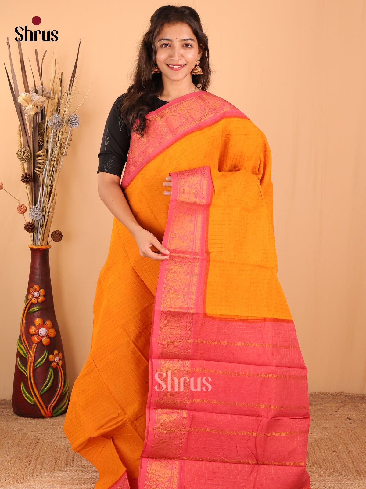 Mustard with Pink - DDS15031 - Sungudi Cotton Saree - Shop on Shrus.com