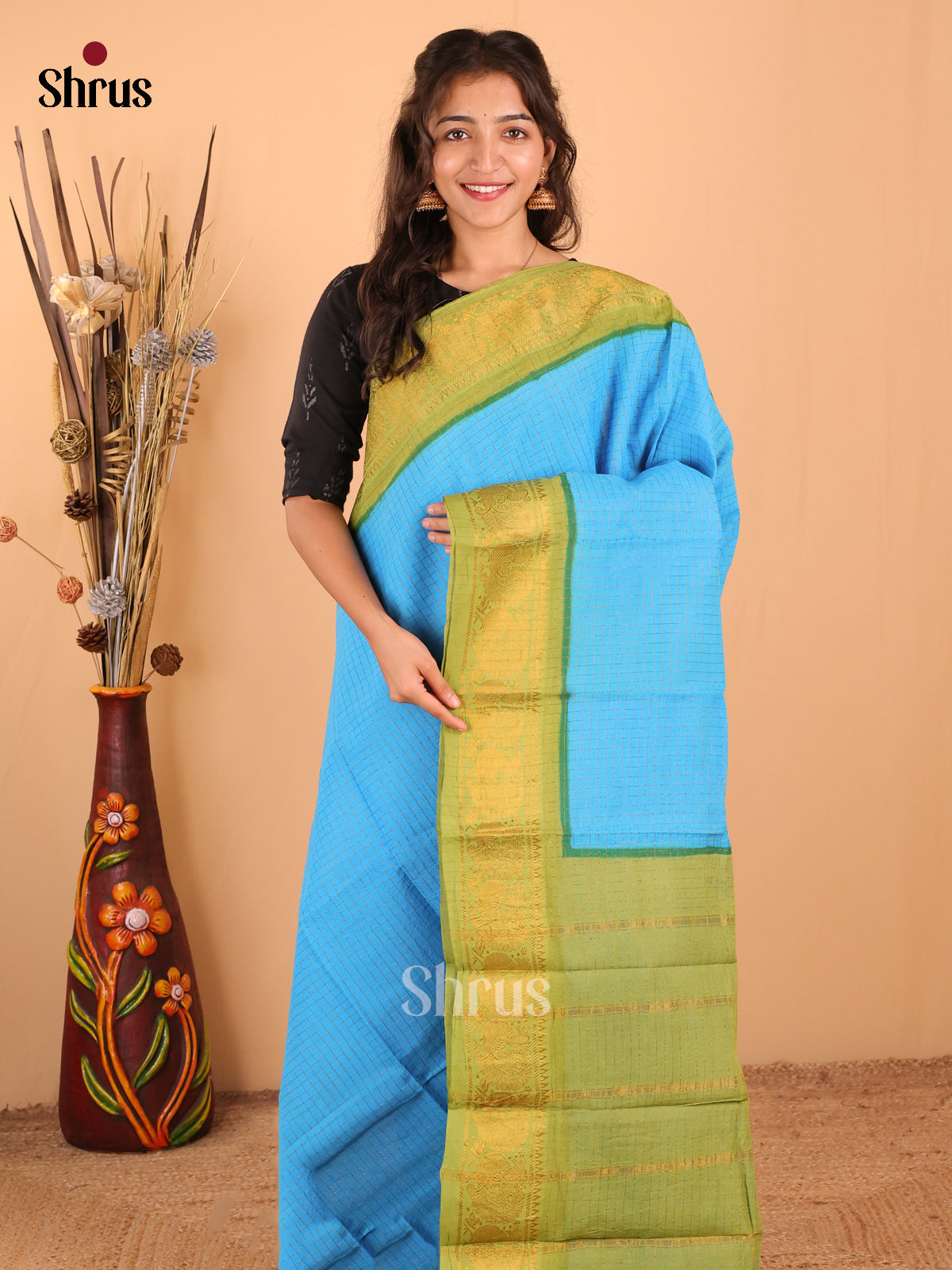 Blue with Green - DDS15035 - Sungudi Cotton Saree - Shop on Shrus.com