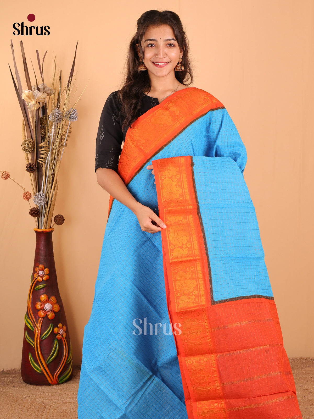 Blue with Orange - DDS15036 - Sungudi Cotton Saree - Shop on Shrus.com