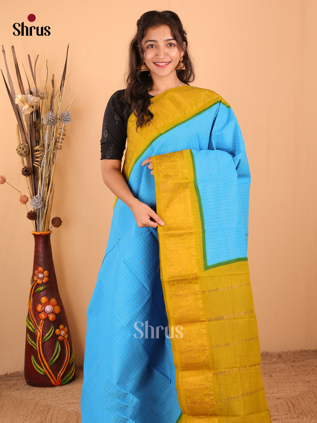 Blue with Mustardy Green - DDS15037 - Sungudi Cotton Saree - Shop on Shrus.com