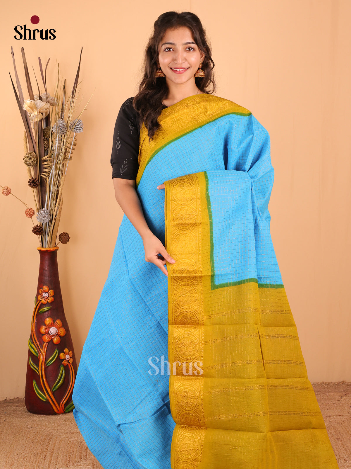 Blue with Mustardy Green - DDS15038 - Sungudi Cotton Saree - Shop on Shrus.com