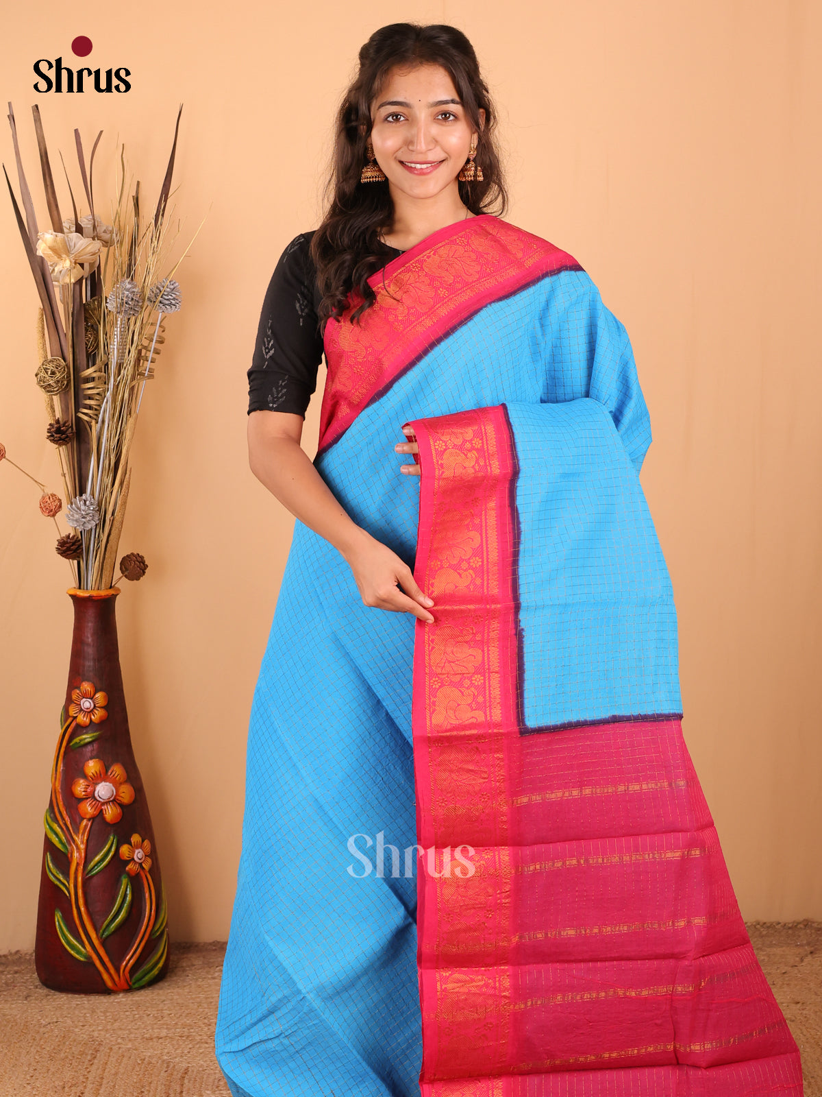 Blue with Pink - DDS15040 - Sungudi Cotton Saree - Shop on Shrus.com
