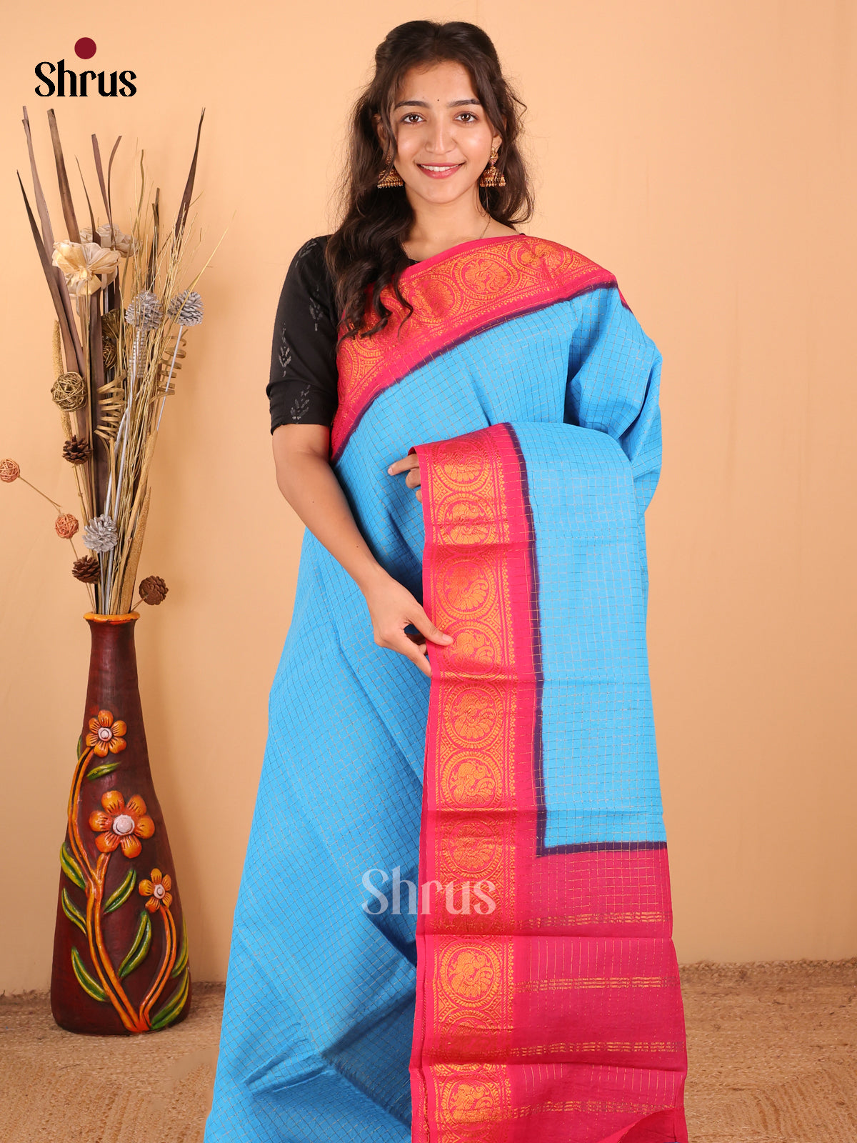 Blue with Pink - DDS15041 - Sungudi Cotton Saree - Shop on Shrus.com