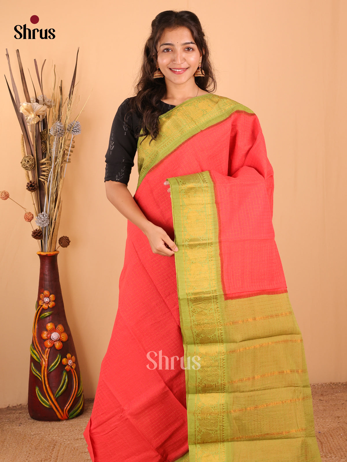 Red with Green - DDS15043 - Sungudi Cotton Saree - Shop on Shrus.com