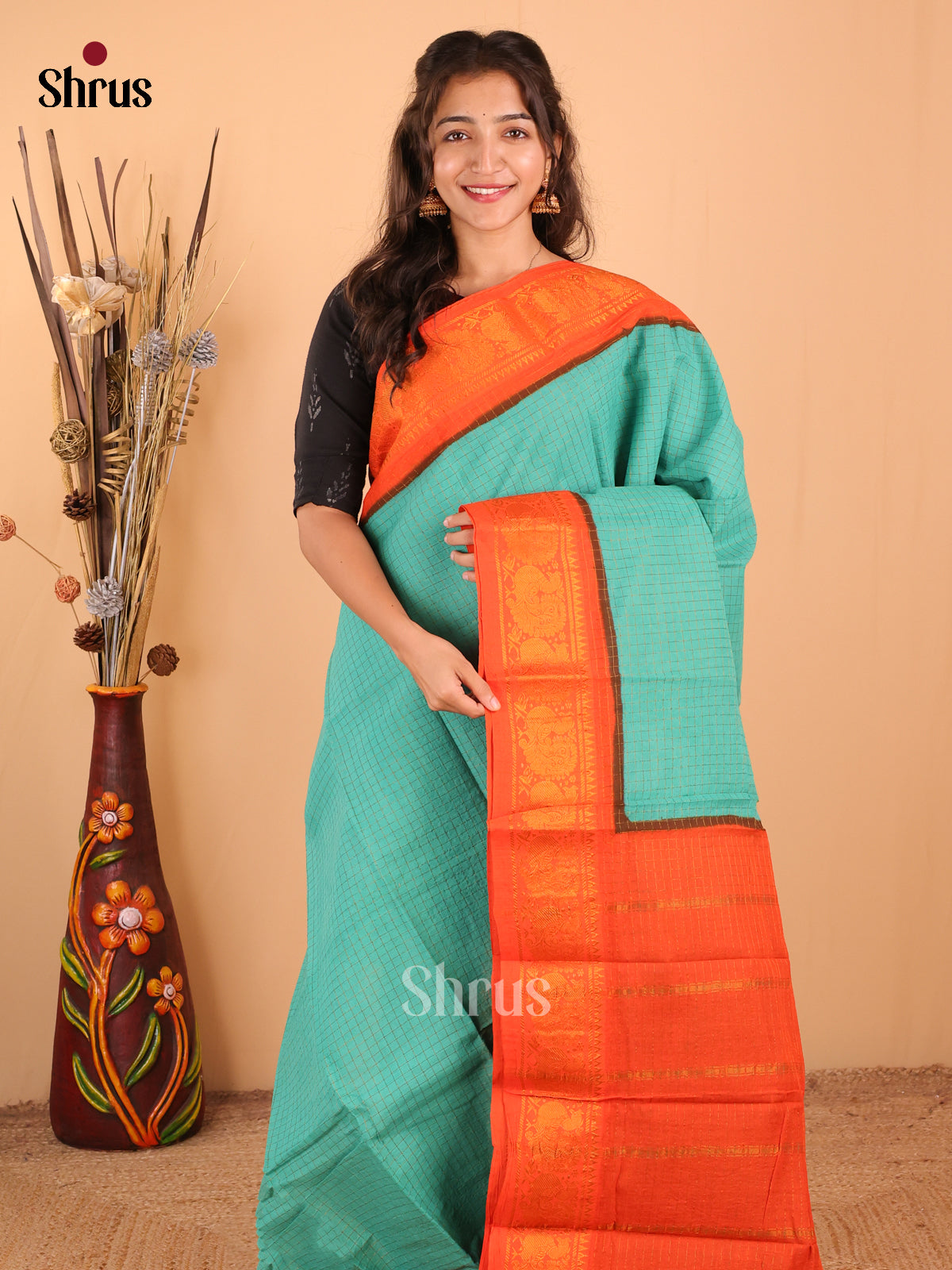 Teal with Orange - DDS15049 - Sungudi Cotton Saree - Shop on Shrus.com