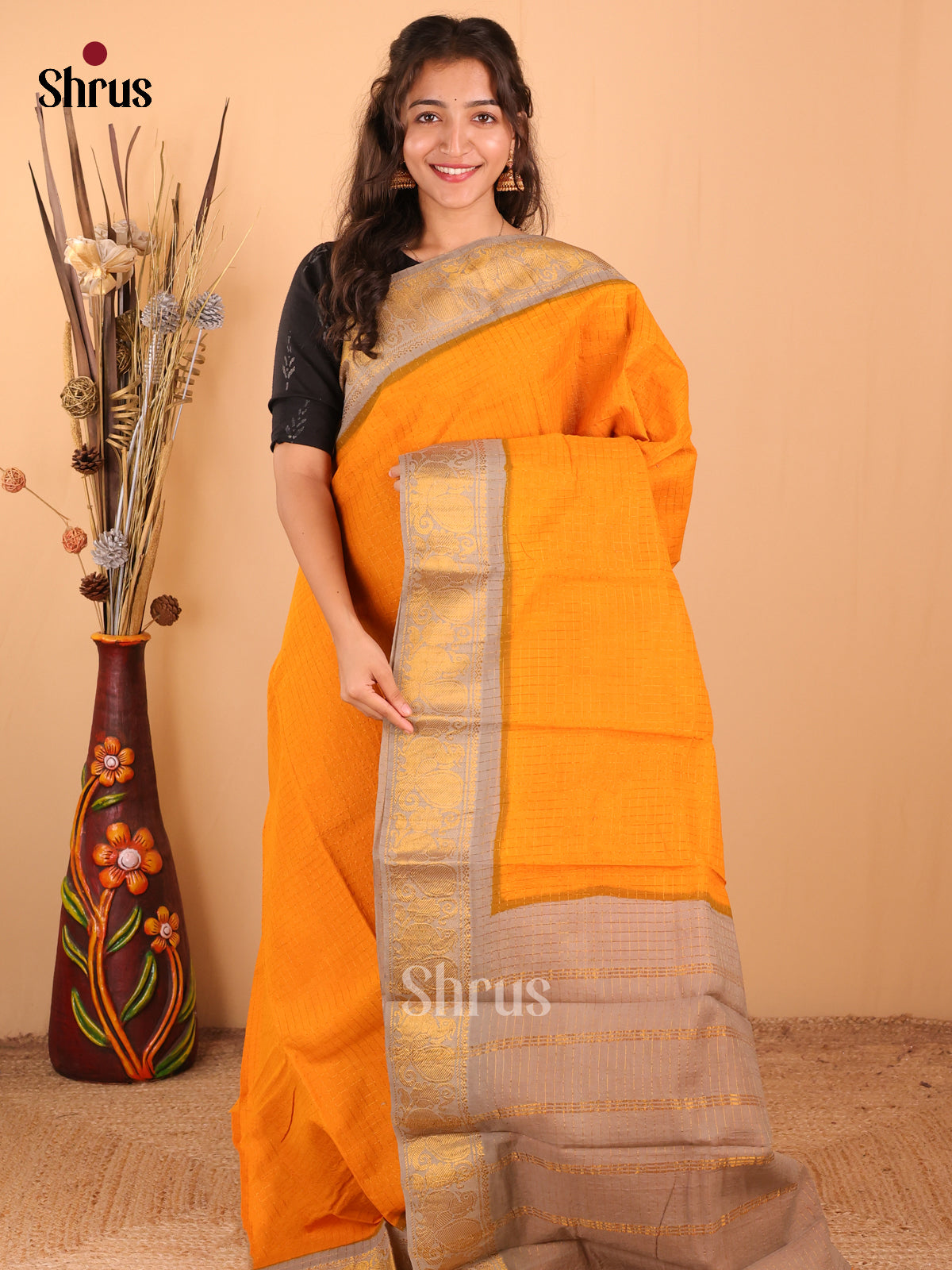 Orange with Grey - DDS15053 - Sungudi Cotton Saree - Shop on Shrus.com