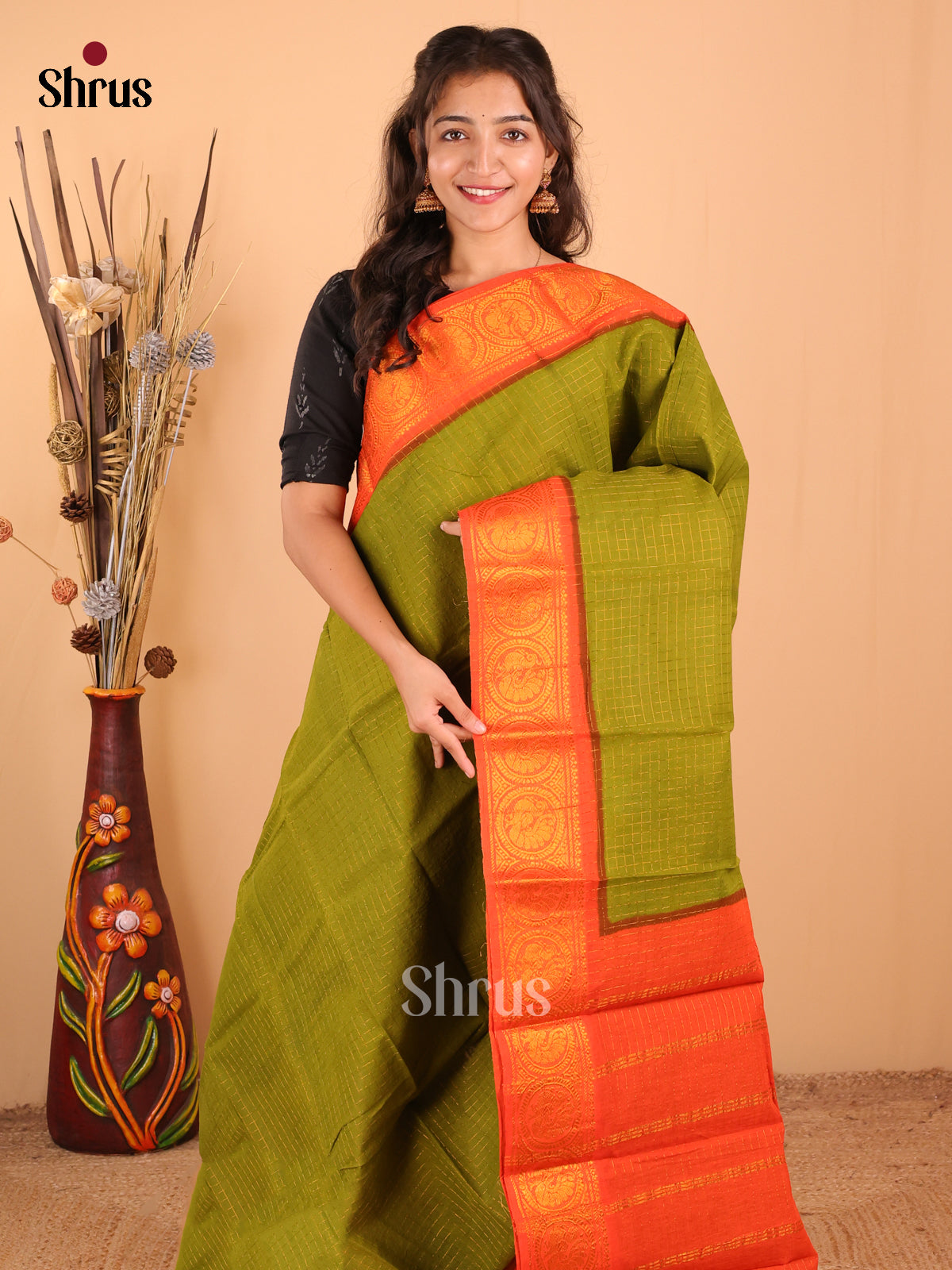 Green with Orange - DDS15054 - Sungudi Cotton Saree - Shop on Shrus.com