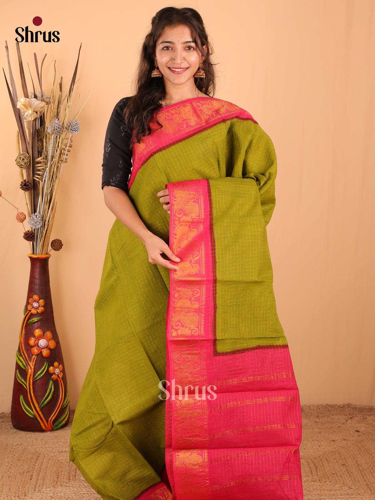 Green with Pink -DDS15064 - Sungudi Cotton Saree - Shop on Shrus.com