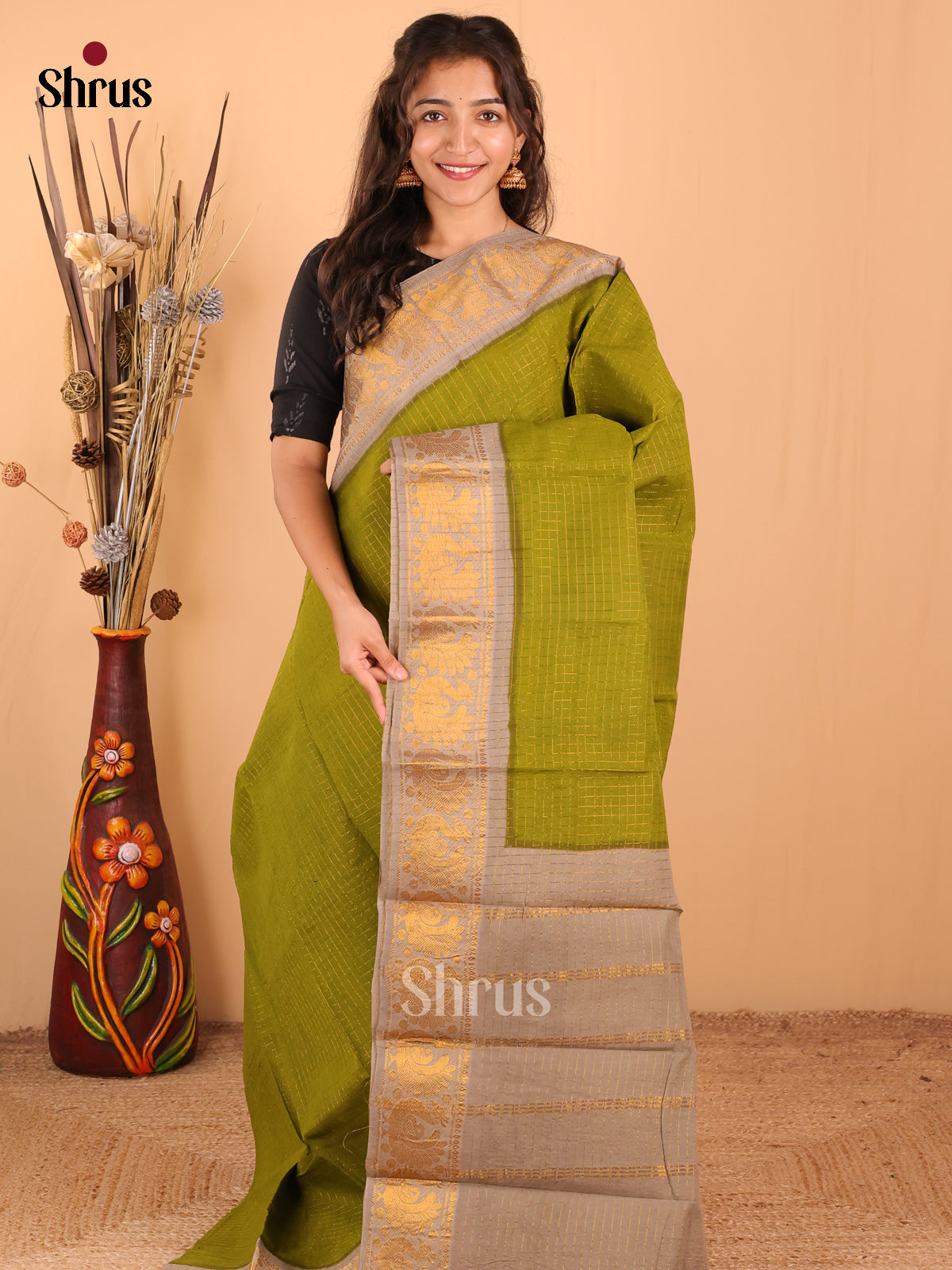 Green with Grey - DDS15066 - Sungudi Cotton Saree - Shop on Shrus.com
