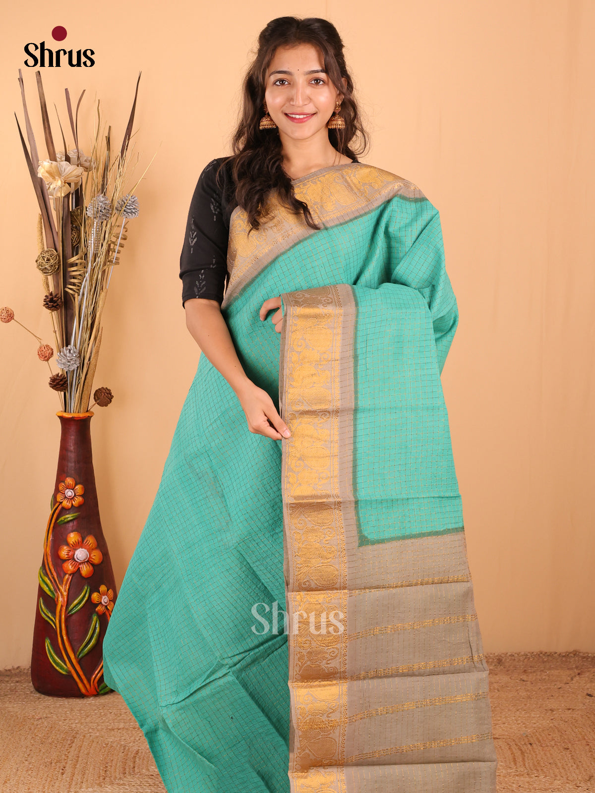 Teal With Grey - DDS15068 - Sungudi Cotton Saree - Shop on Shrus.com