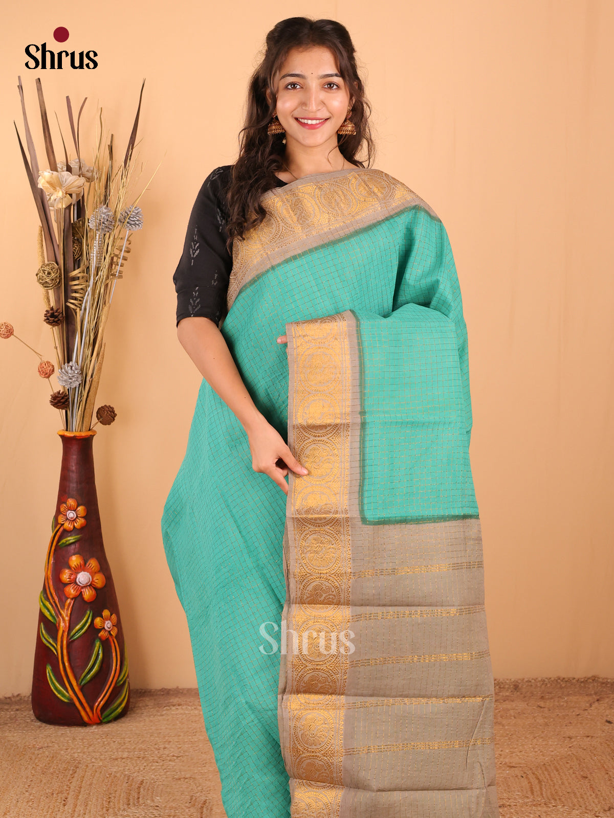 Teal with Grey - DDS15070 - Sungudi Cotton Saree - Shop on Shrus.com