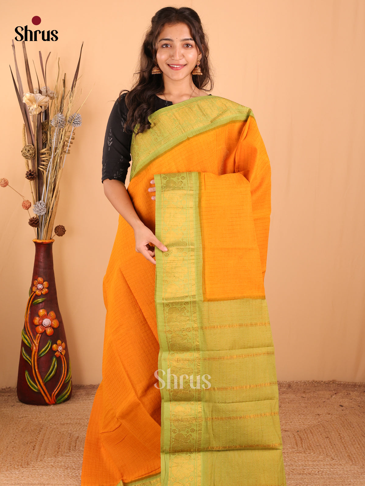 Orange with Green - DDS15071 - Sungudi Cotton Saree - Shop on Shrus.com