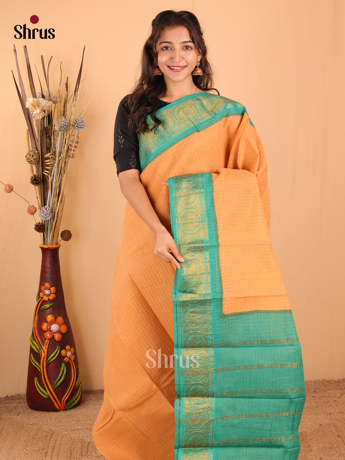 Peach with Green - DDS15074 - Sungudi Cotton Saree - Shop on Shrus.com
