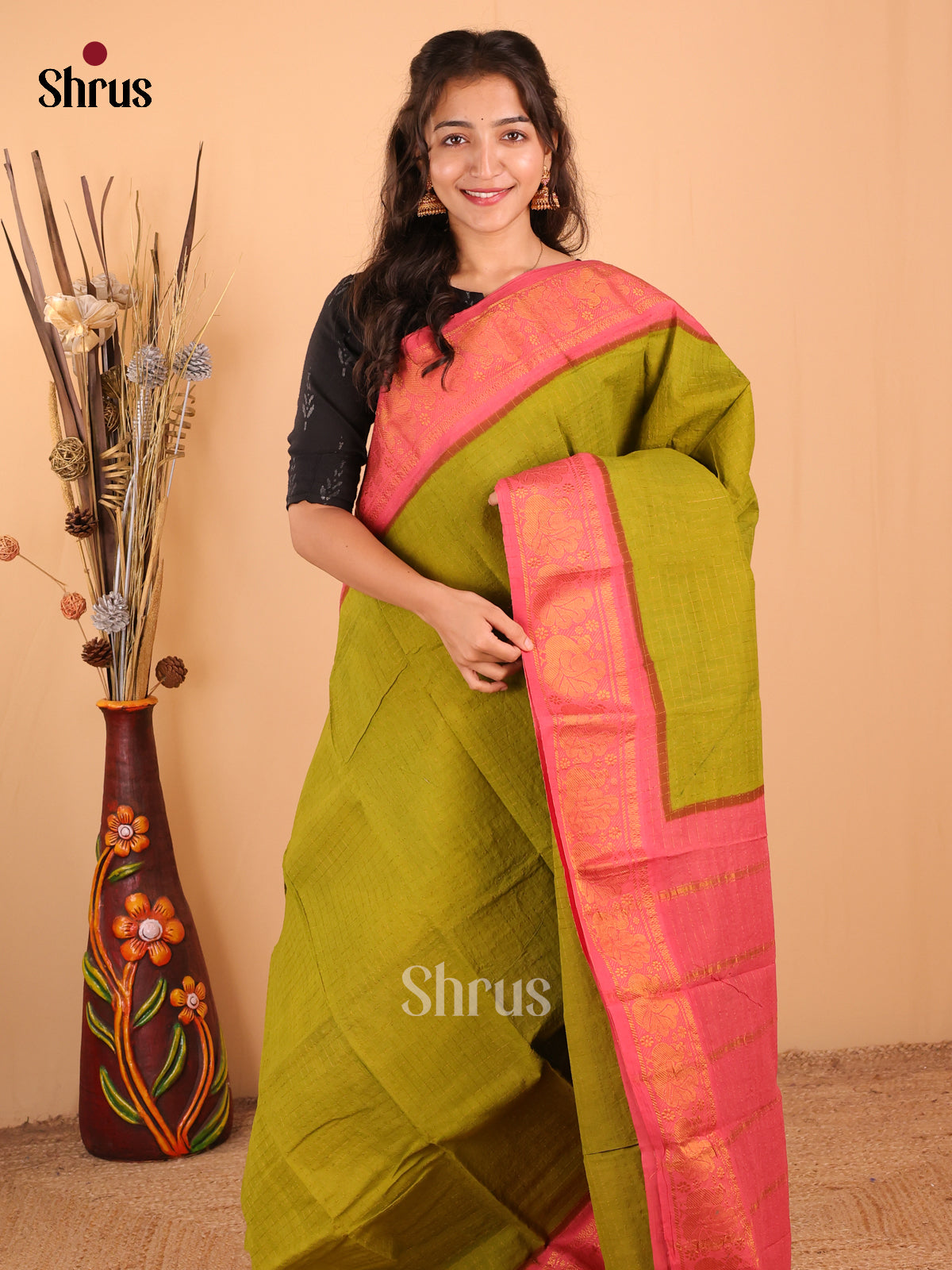Green with Orange - DDS15086 - Sungudi Cotton Saree - Shop on Shrus.com