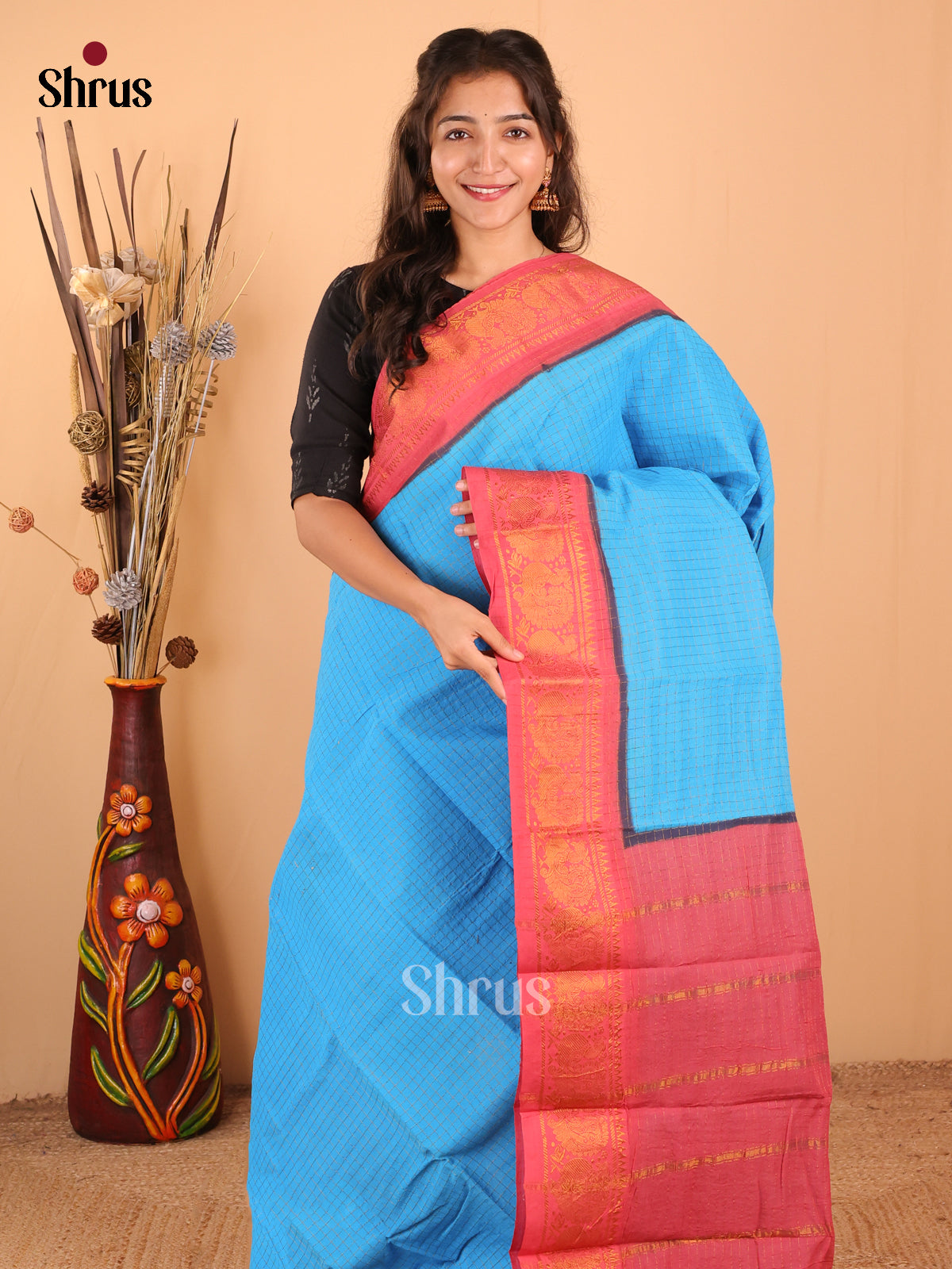 Blue with Orange - DDS15088 - Sungudi Cotton Saree - Shop on Shrus.com
