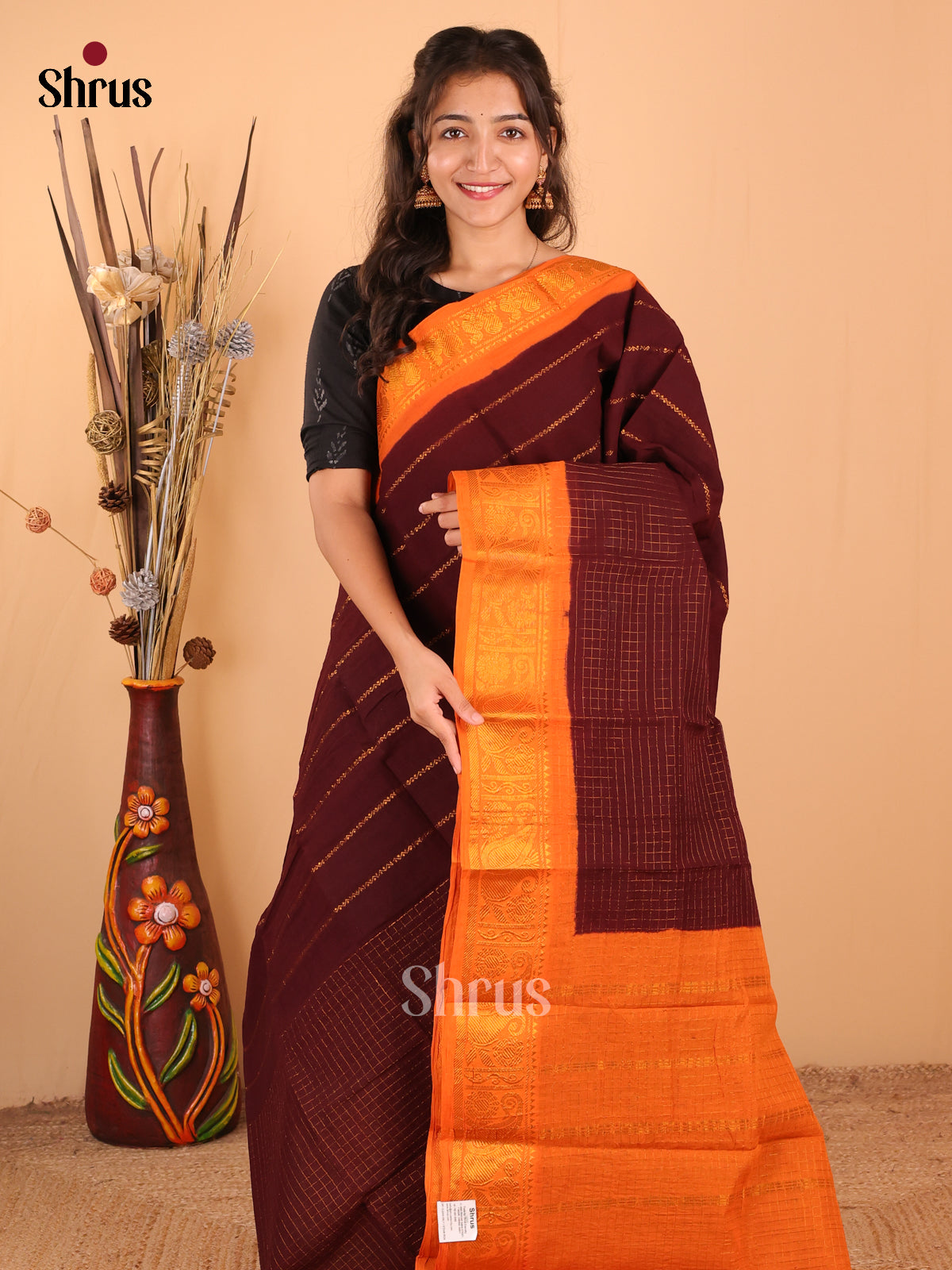 Brown with Orange - DDS15093 - Sungudi Cotton Saree - Shop on Shrus.com