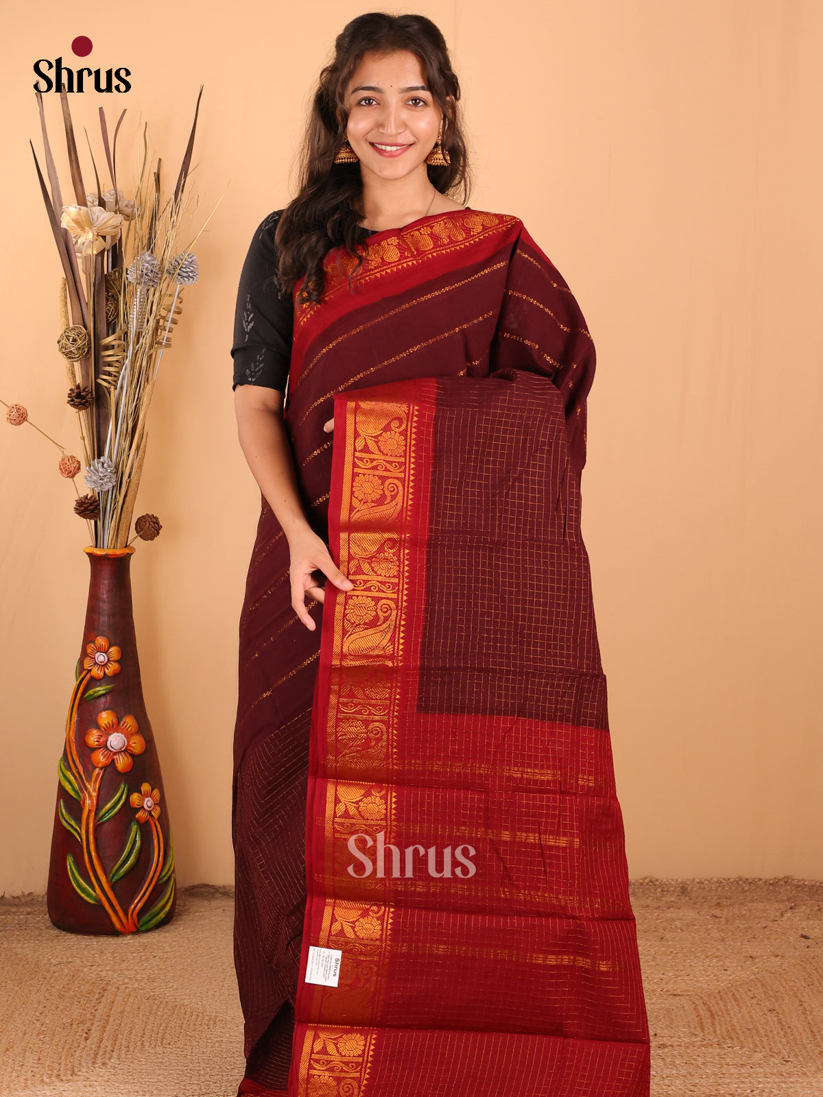 brown with Red - DDS15094 - Sungudi Cotton Saree - Shop on Shrus.com