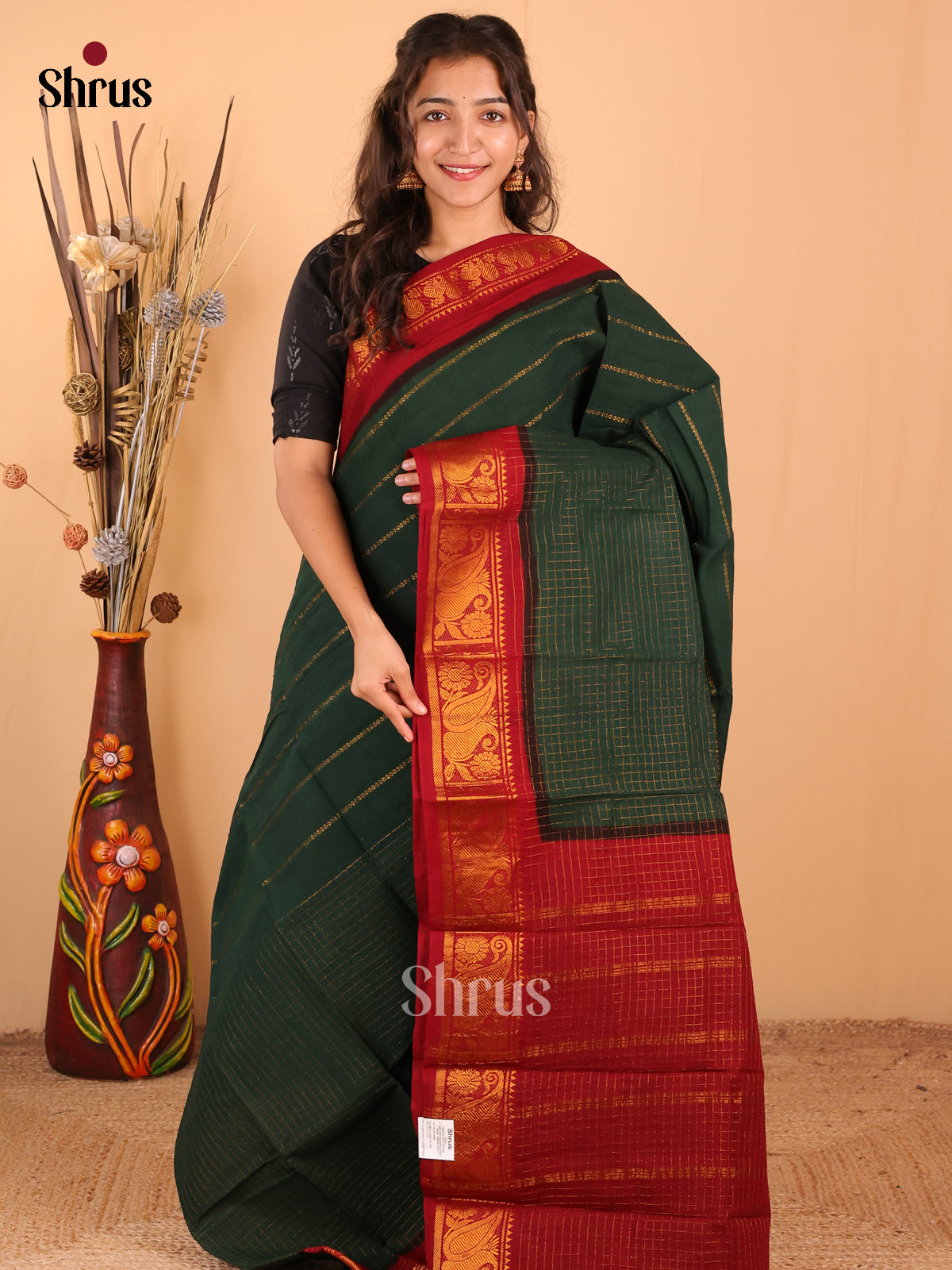 Green with Maroon - DDS15095 - Sungudi Cotton Saree - Shop on Shrus.com
