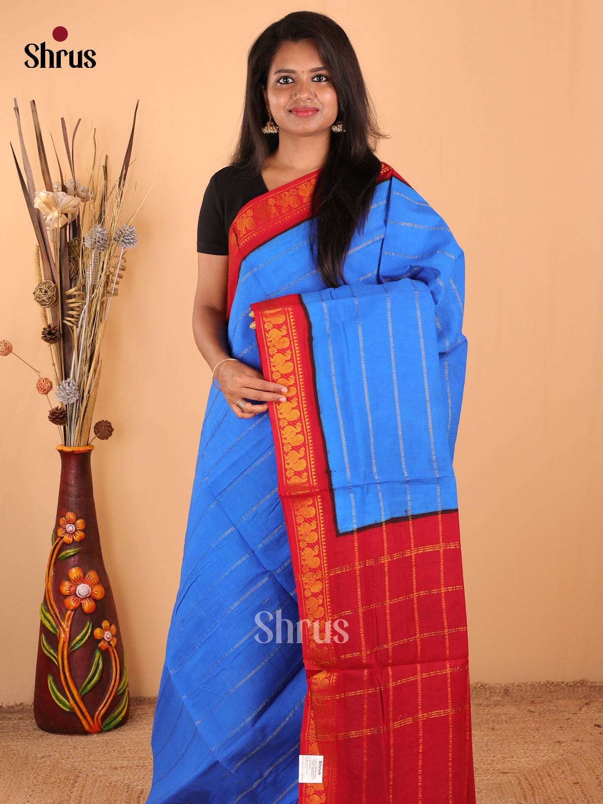 Blue with Red - DDS15102 - Sungudi Cotton Saree - Shop on Shrus.com
