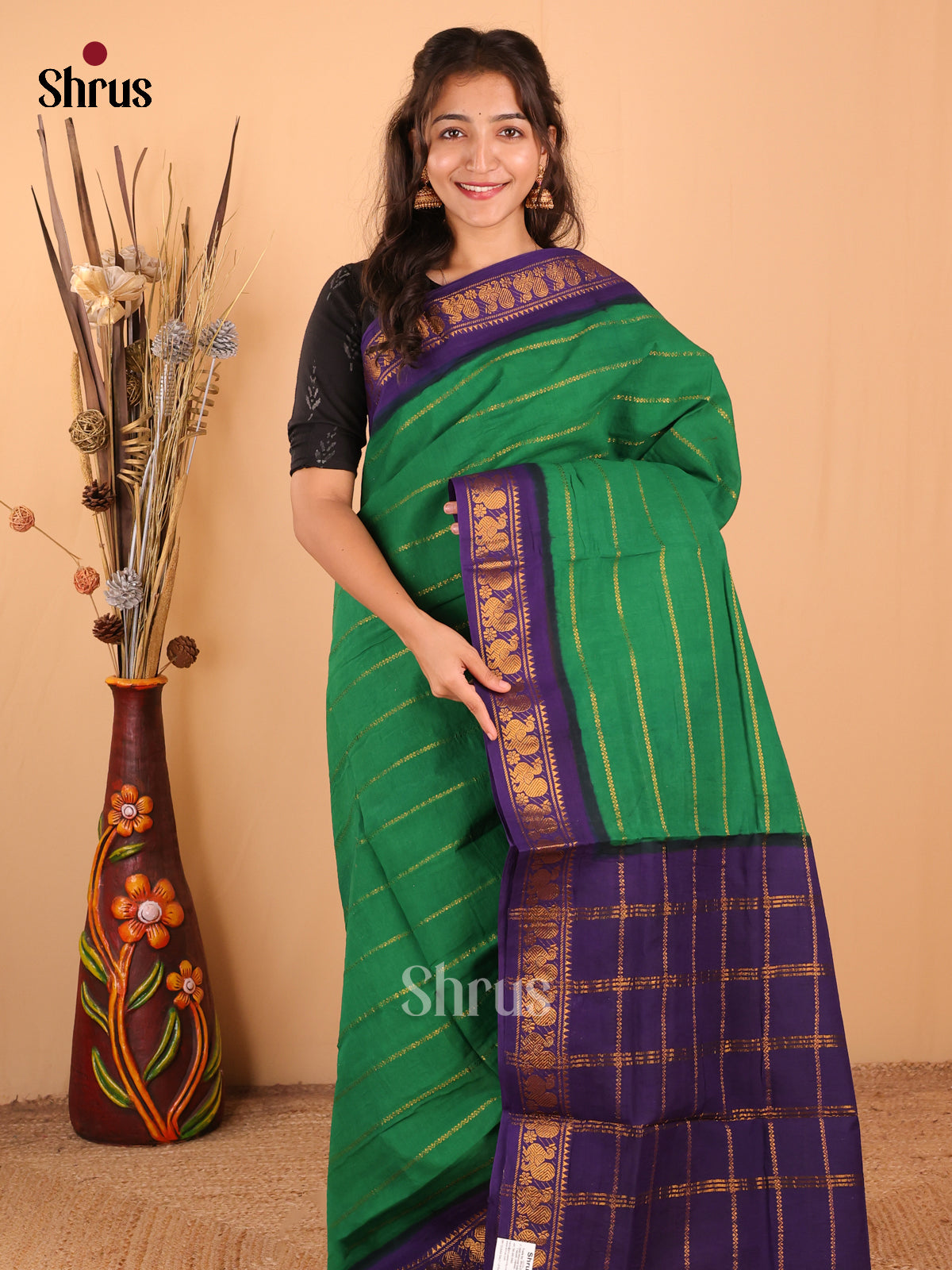 Green with Blue -DDS15110 - Sungudi Cotton Saree - Shop on Shrus.com