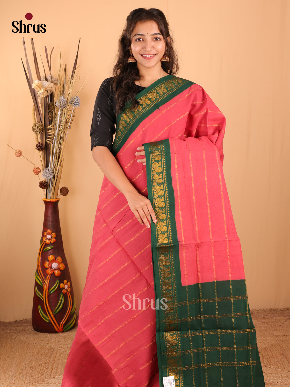 Pink with Green - DDS15112 - Sungudi Cotton Saree - Shop on Shrus.com