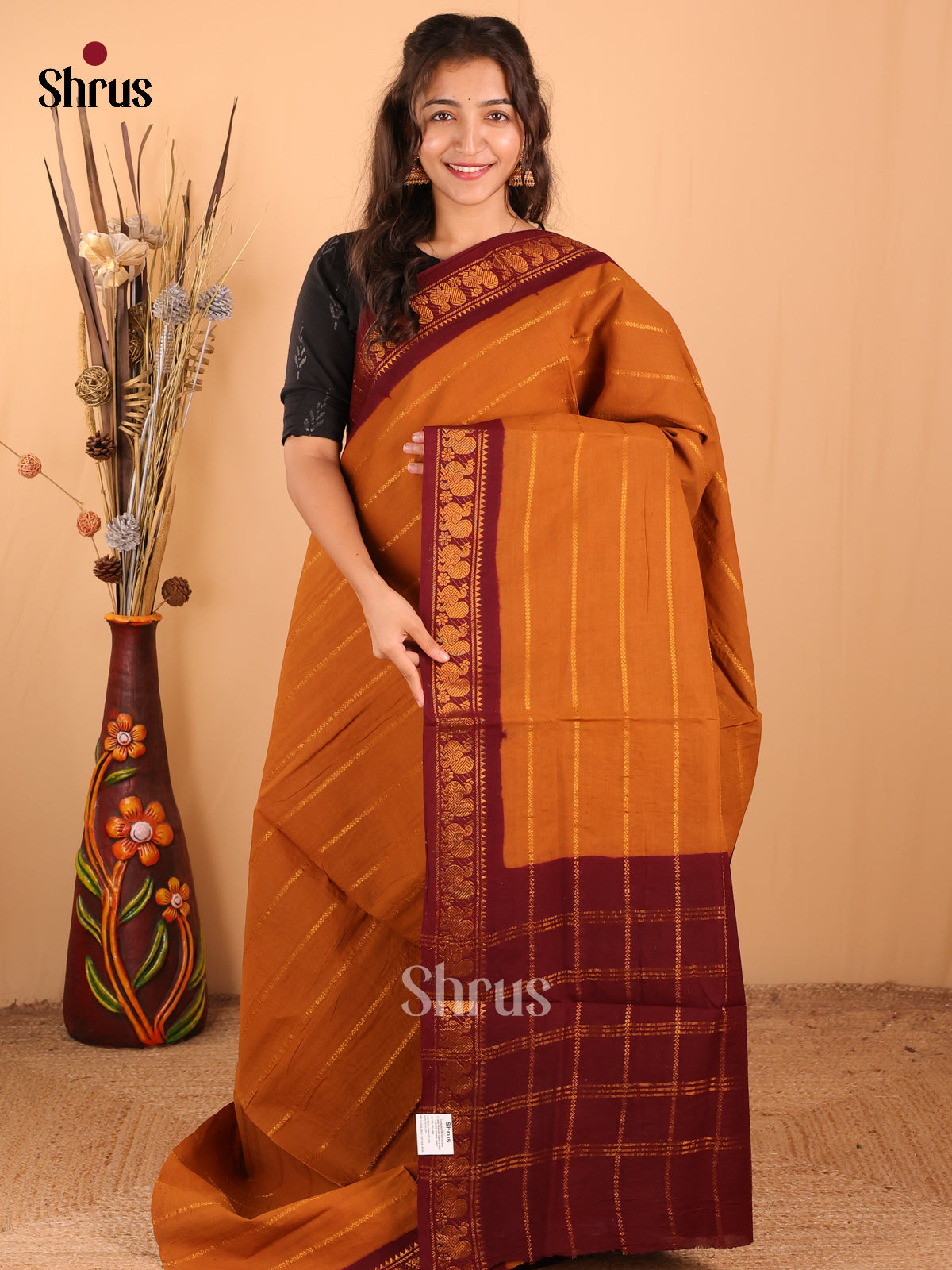 Mustard with Maroon - DDS15115 - Sungudi Cotton Saree - Shop on Shrus.com
