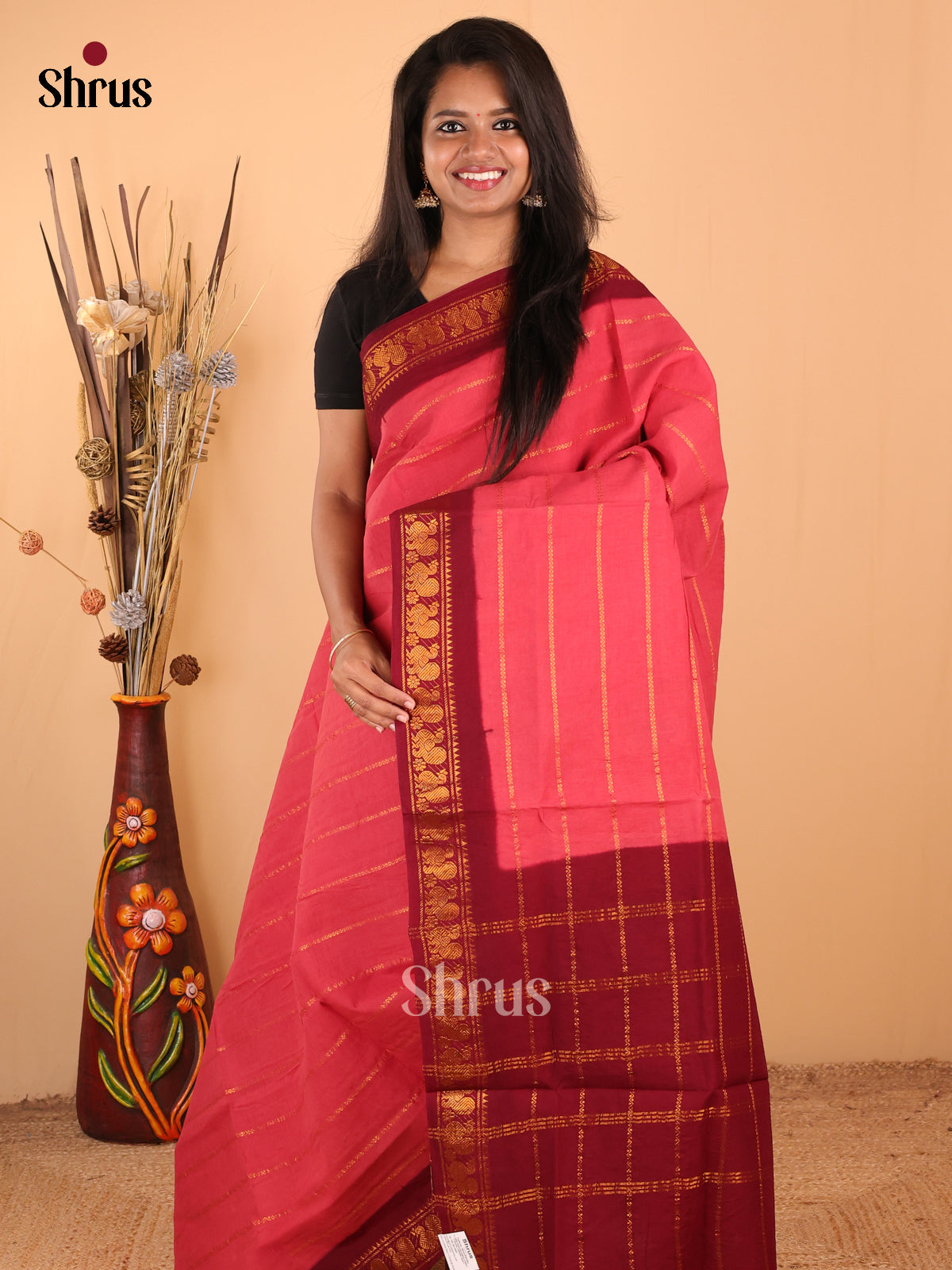 Pink with Maroon - DDS15117 - Sungudi Cotton Saree - Shop on Shrus.com