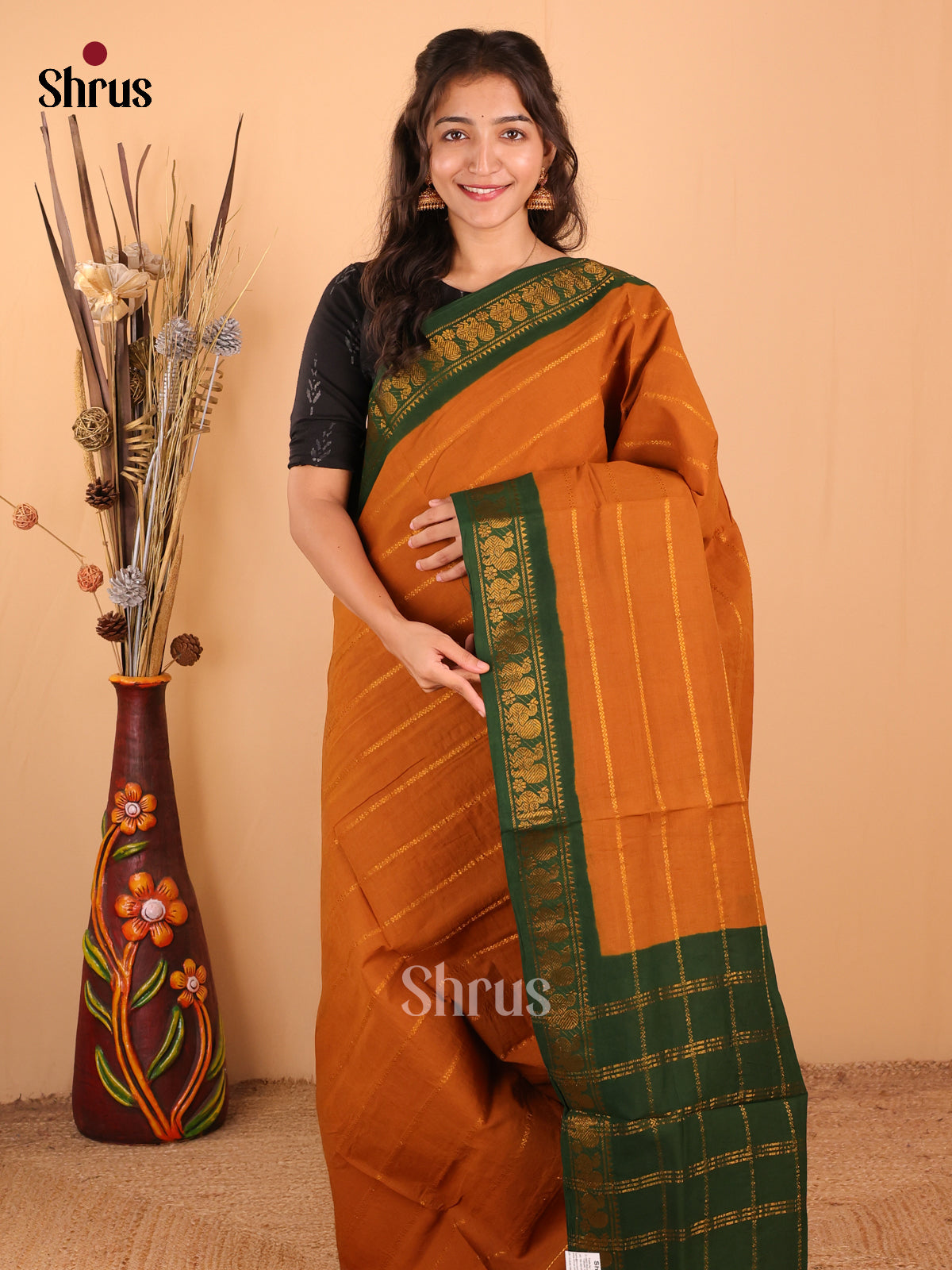 Mustard with Green - DDS15126 - Sungudi Cotton Saree - Shop on Shrus.com