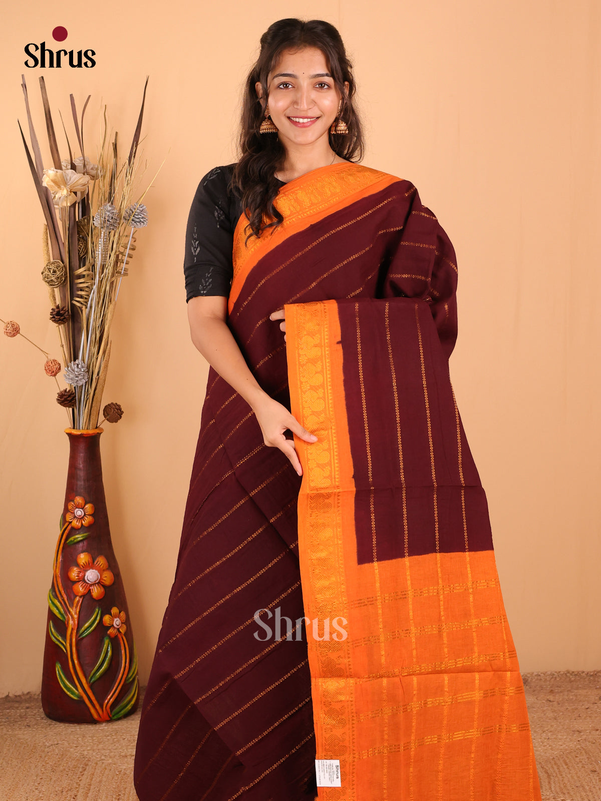 Brown with Orange - DDS15129 - Sungudi Cotton Saree - Shop on Shrus.com