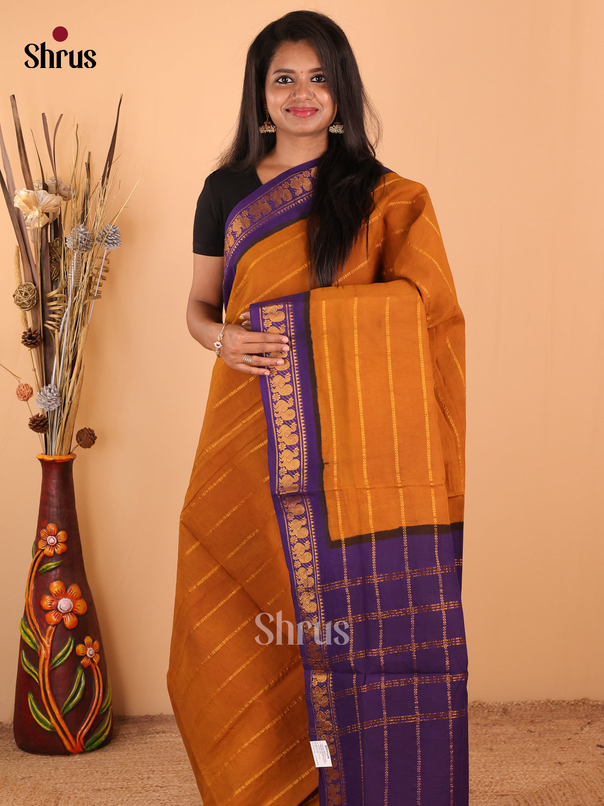 Mustard with Blue - DDS15130 - Sungudi Cotton Saree - Shop on Shrus.com