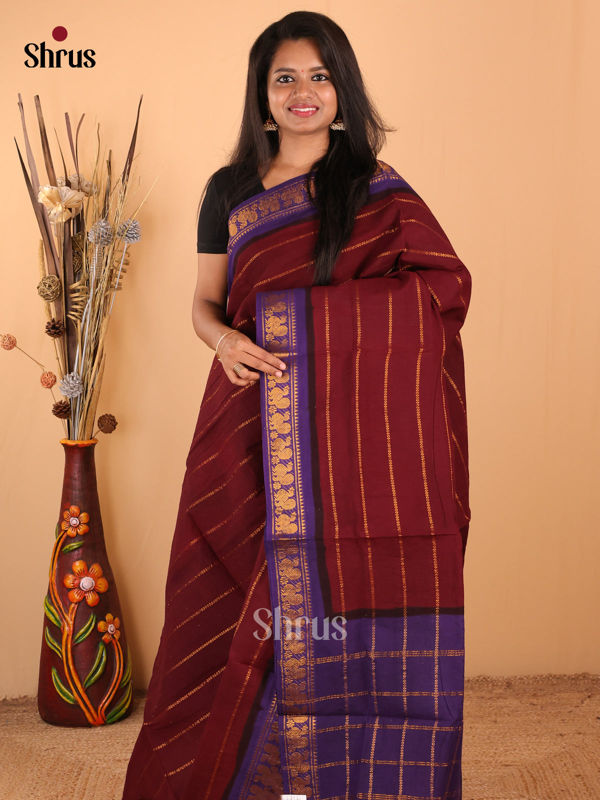 Maroon with Blue - DDS15131 - Sungudi Cotton Saree - Shop on Shrus.com