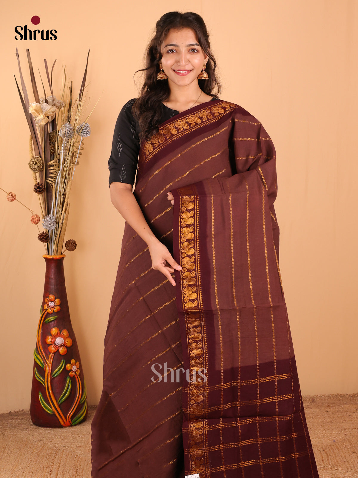 Brown with Maroon - DDS15132 - Sungudi Cotton Saree - Shop on Shrus.com