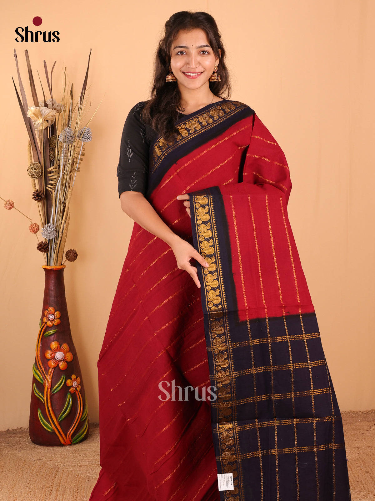 Red with Blue - DDS15137 - Sungudi Cotton Saree - Shop on Shrus.com
