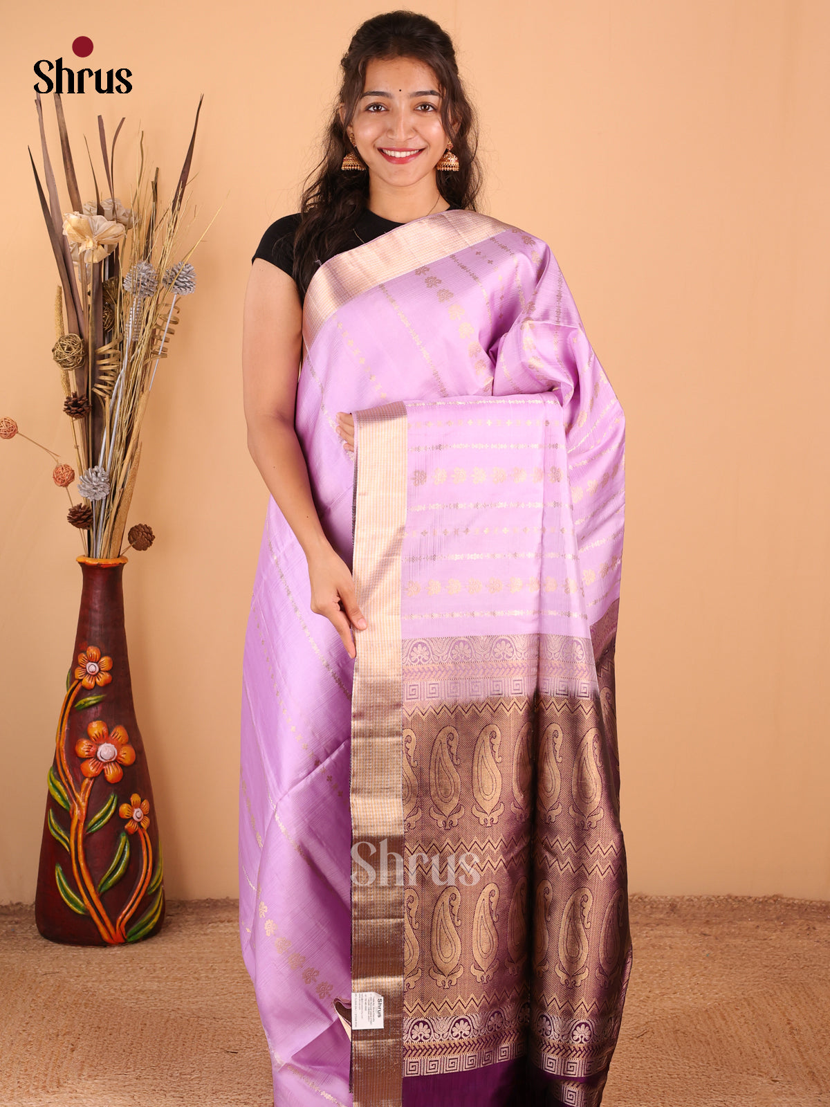 Charming Lavender & Violet Soft Silk Saree with Striped Body And Zari Butta - Shop on Shrus.com