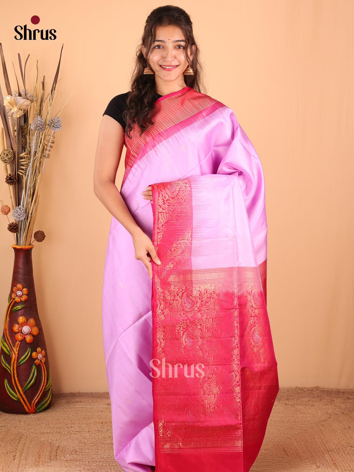 Chic Lavender Soft Silk Saree with Zari Buttas, Pink Border & Floral Nest Pallu-1