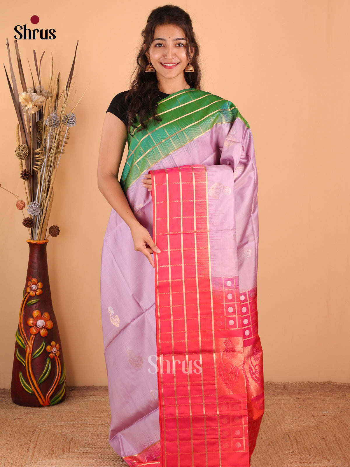 Lavender with Orangish Pink - DDS15146 - Soft Silk Saree - Shop on Shrus.com