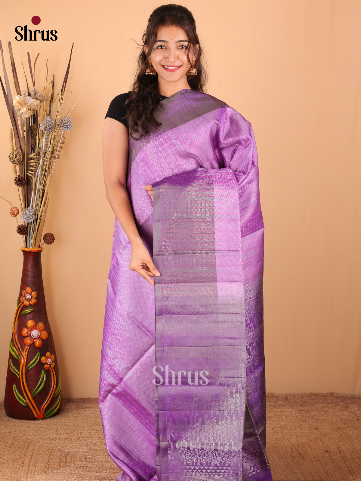 Enchanting Lavender Striped Soft Silk Saree with Purple Border & Brocade Pallu-1