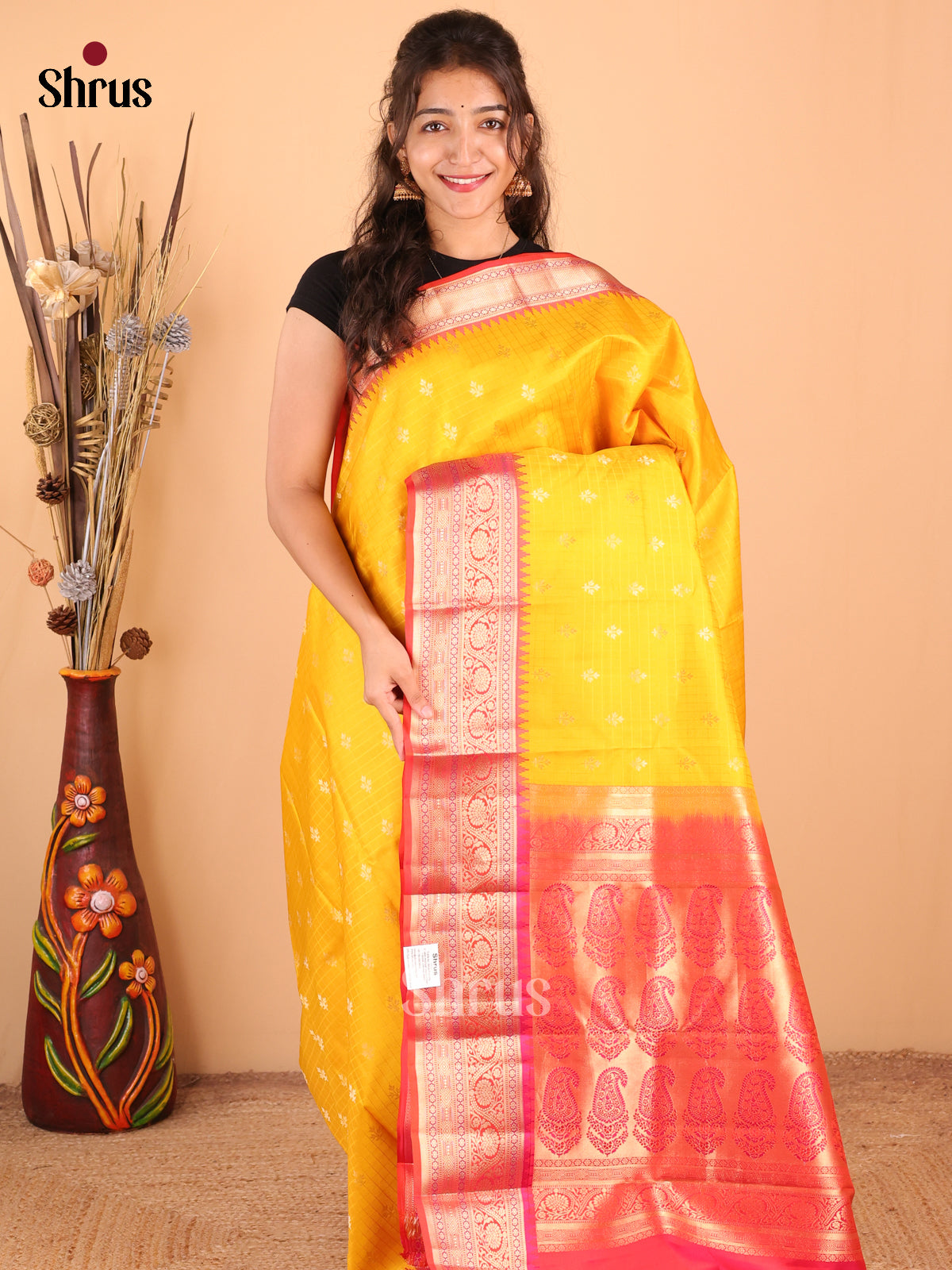 Radiant Yellow Kanchipuram Silk Saree with Red Paisley Zari Border & Pallu-1