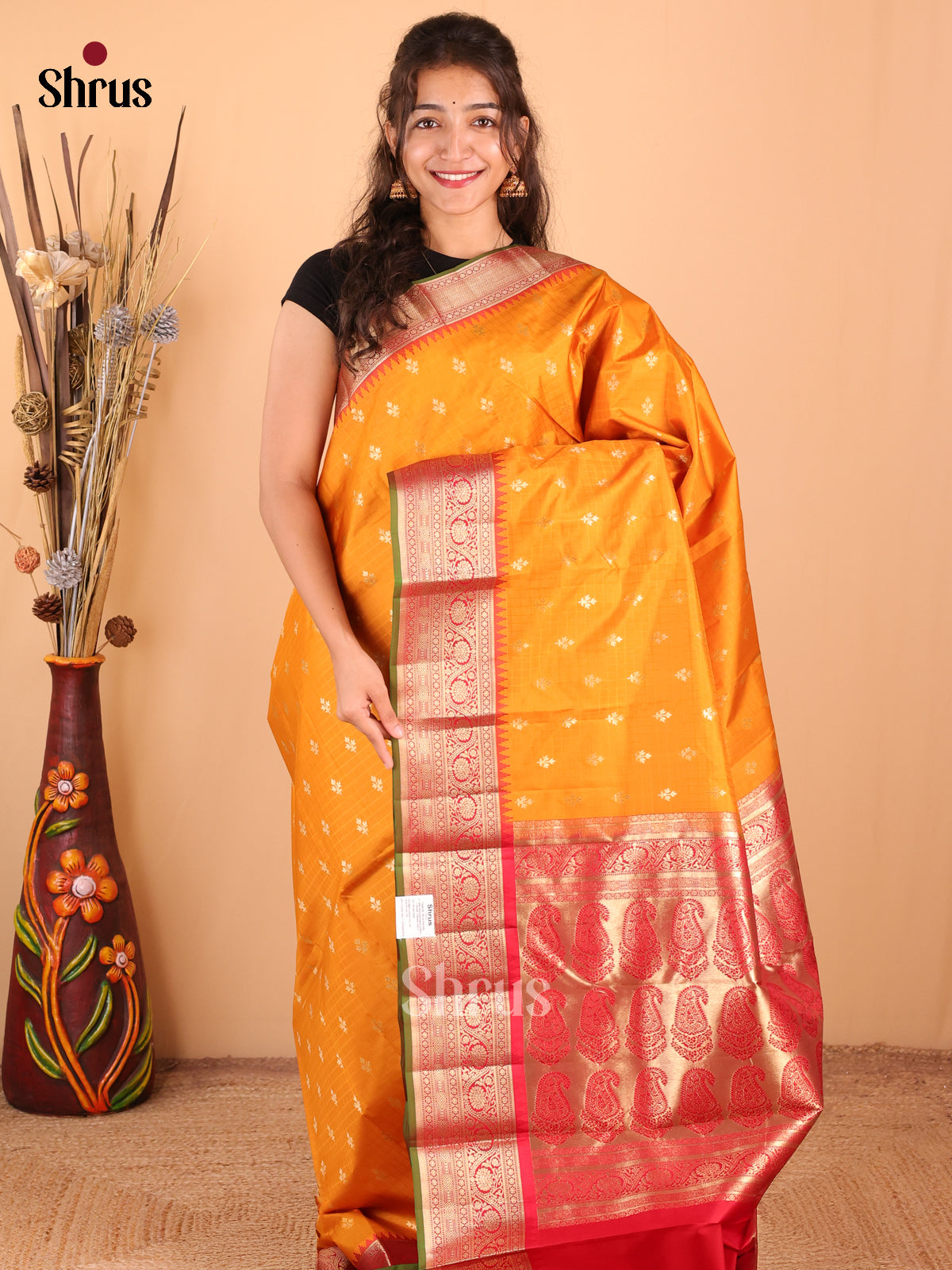 Classic Mustard Kanchipuram Silk Saree with Red Zari Border & Rich Paisley Brocade Pallu-1