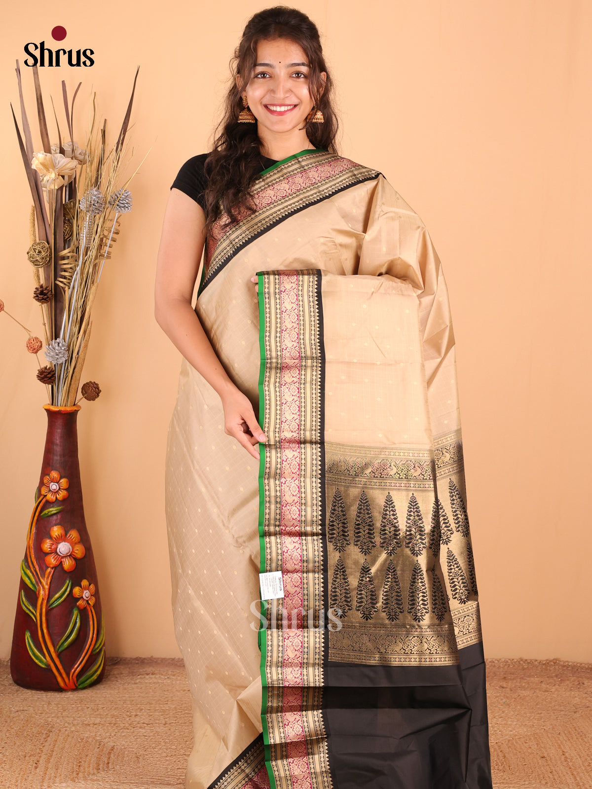 Chic Beige Kanchipuram Silk Saree with Rettapet Border & Black Zari Brocade Pallu - Shop on Shrus.com