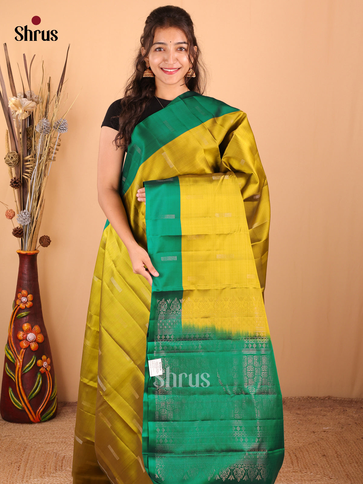 Mustardy Green with Green - DDS15163 - Softsilk-halfpure Saree - Shop on Shrus.com