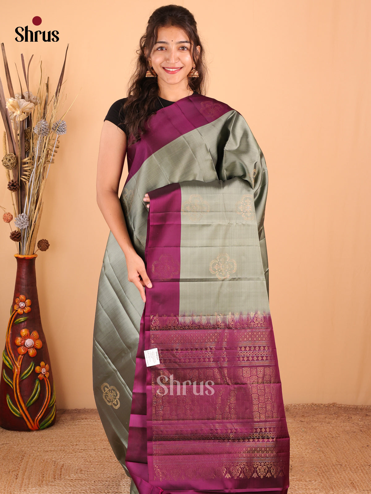 Grey with Wine - DDS15166 - Softsilk-halfpure Saree - Shop on Shrus.com