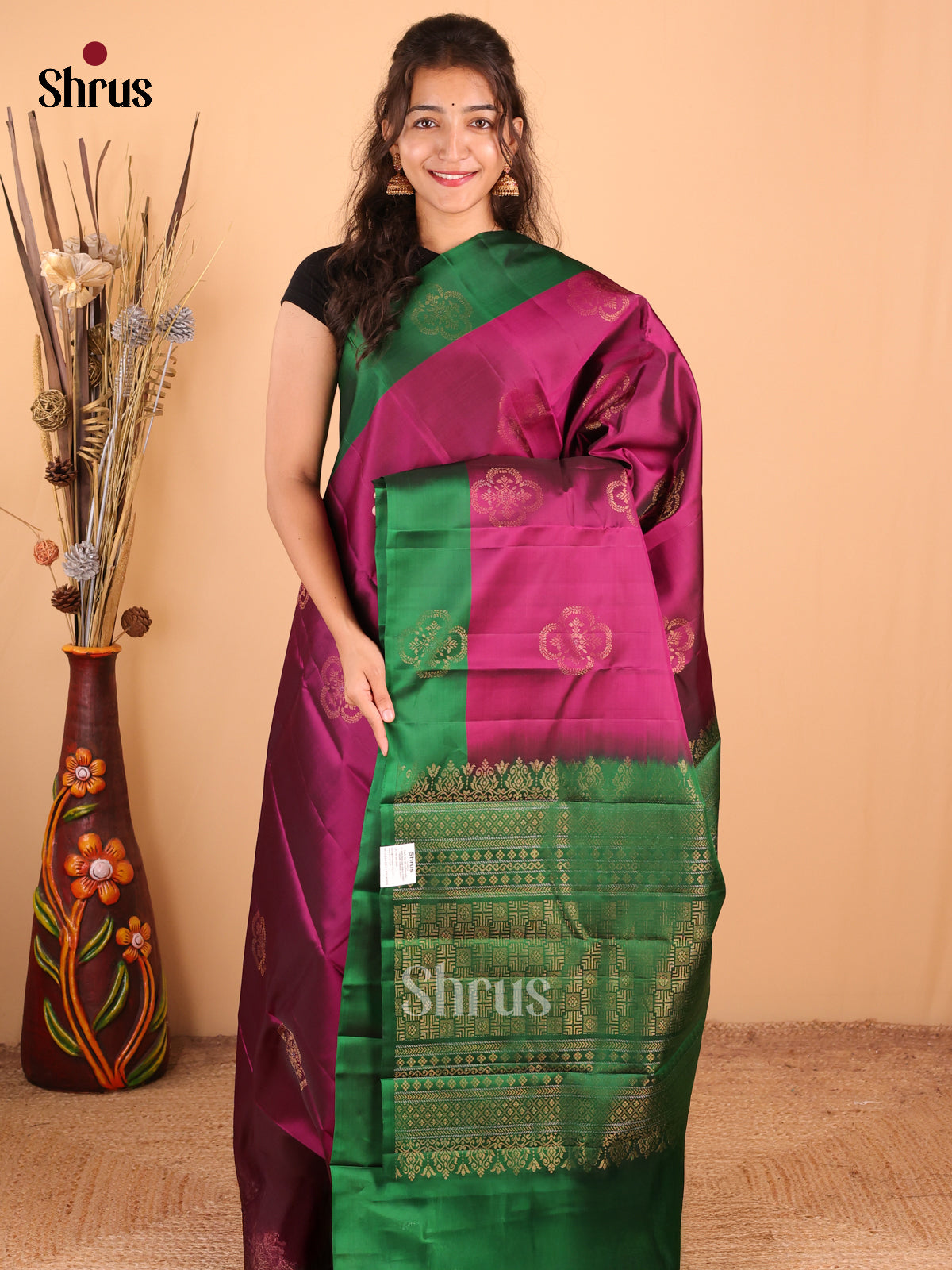 Purple with Green - DDS15171 - Softsilk-halfpure Saree - Shop on Shrus.com