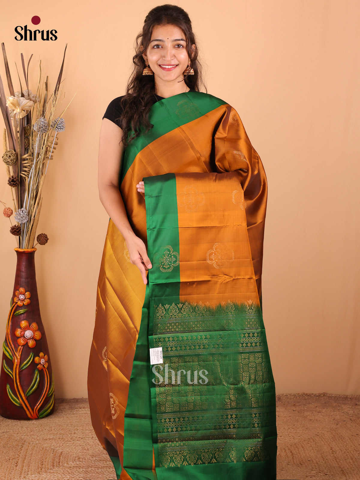 Rust with Green - DDS15180 - Softsilk-halfpure Saree - Shop on Shrus.com